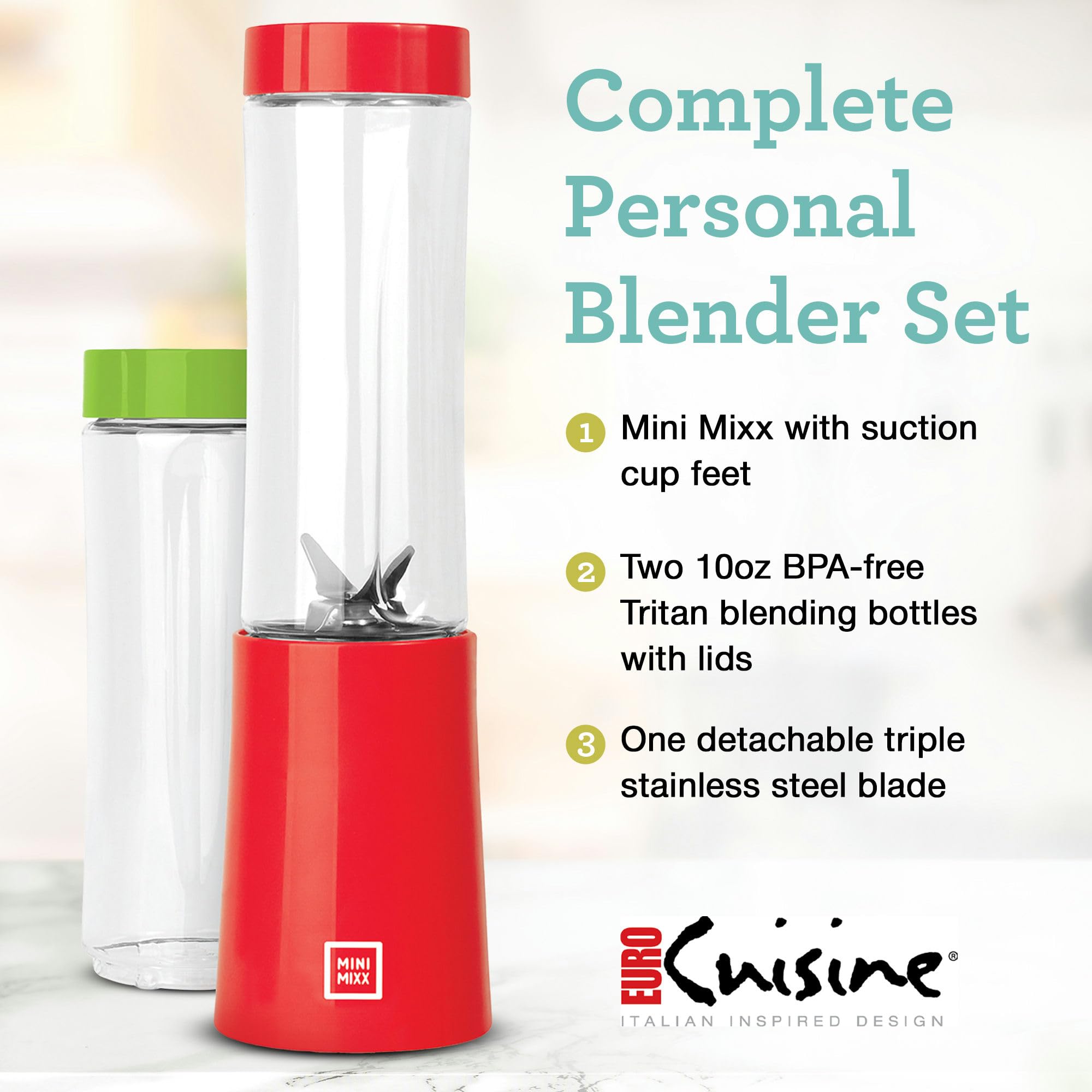 Euro Cuisine MM1R Personal Blender - Compact & Portable Mini Blender for Smoothies, Protein Shakes, Baby Food & Meal Prep - Single Serve Travel Blender with 20oz BPA-Free Cup - Perfect for Home, Office & Gym Use - Red