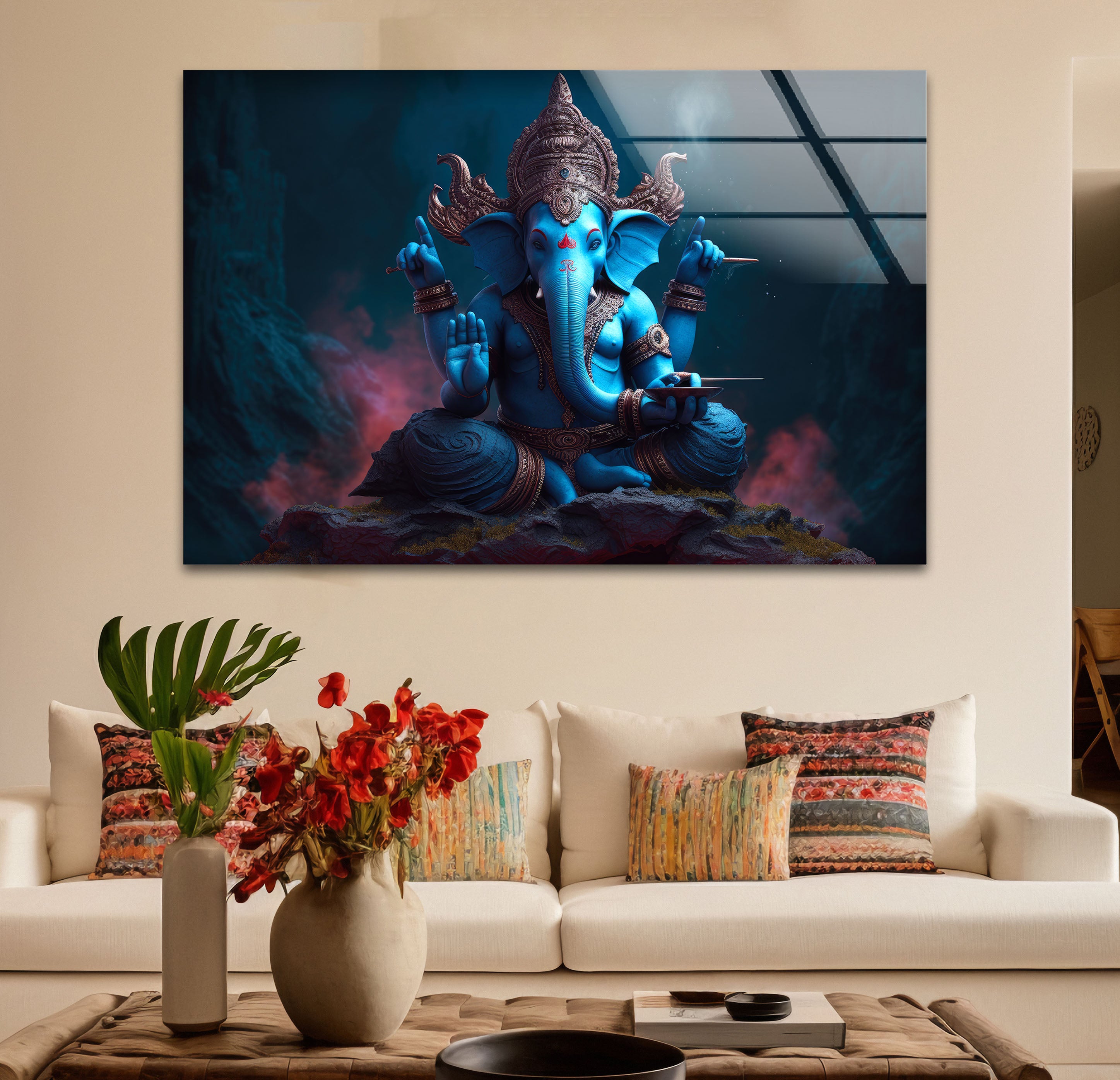 Blue Ganesha Wall Art - Hindu Deity Glass Print for Home & Office Spiritual Decor | Perfect for Meditation Rooms, Yoga Studios & Sacred Spaces