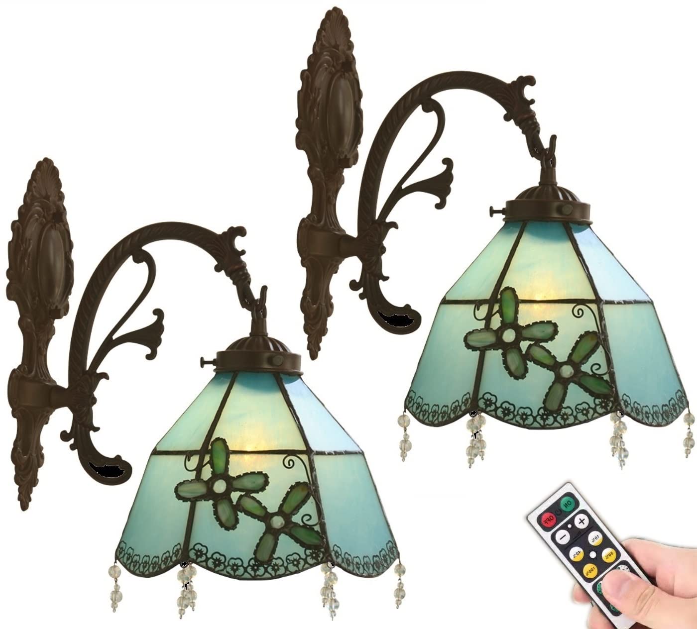 Tiffany Style Rechargeable Wall Sconce Lighting - Set of 2 Battery Operated Wireless Wall Lights with Remote Control, Indoor Wall Lamps for Bedroom, Bathroom, Hallway & Vanity - Perfect for Ambient Lighting and Home Decor