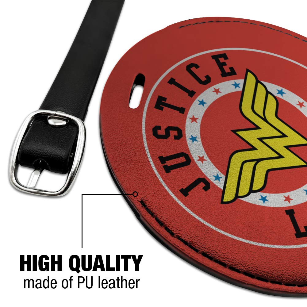 Justice League Wonder Woman Logo Round Leather Luggage Tag - Superhero Themed Travel ID Card Holder for Suitcases, Backpacks & Carry-On Bags