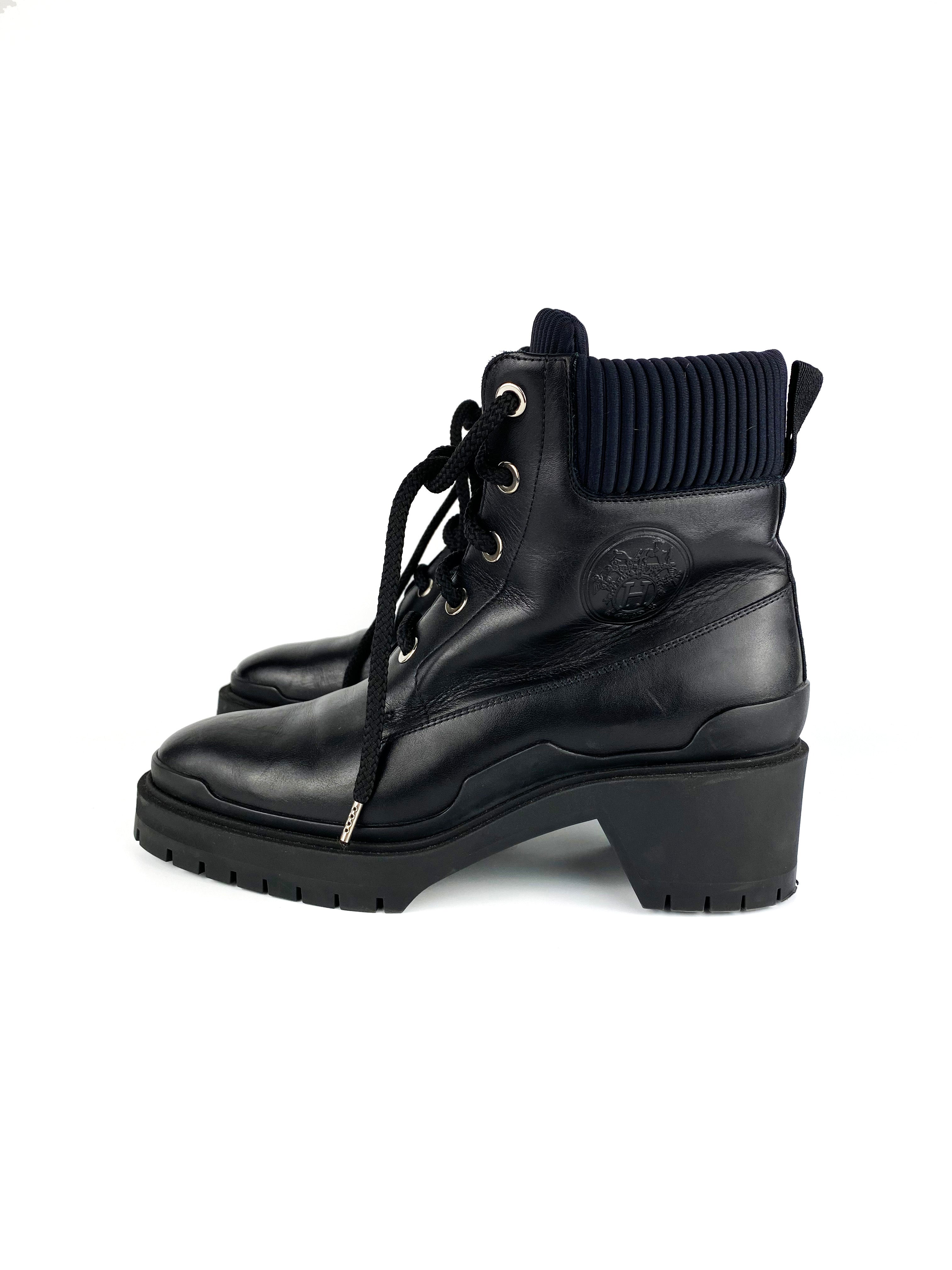Hermes Black Leather Lace Up Boots for Women - Luxury Designer Ankle Boots for Fall Winter Fashion, Office Wear & Night Out