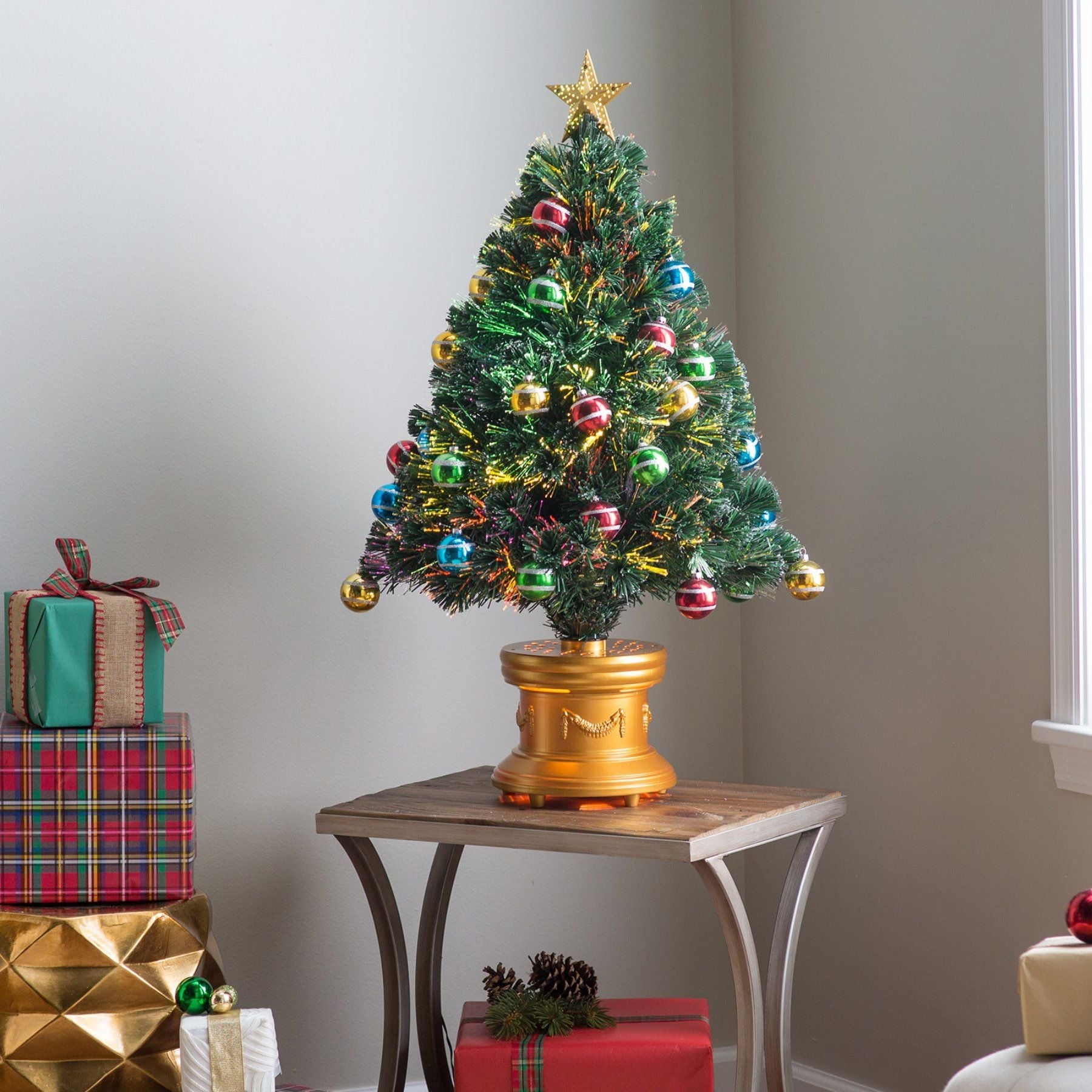 3' Fiber Optic Fireworks Artificial Christmas Tree with Glittered Ball Ornaments - Perfect for Holiday Decor, Home, Office & Party Decorations