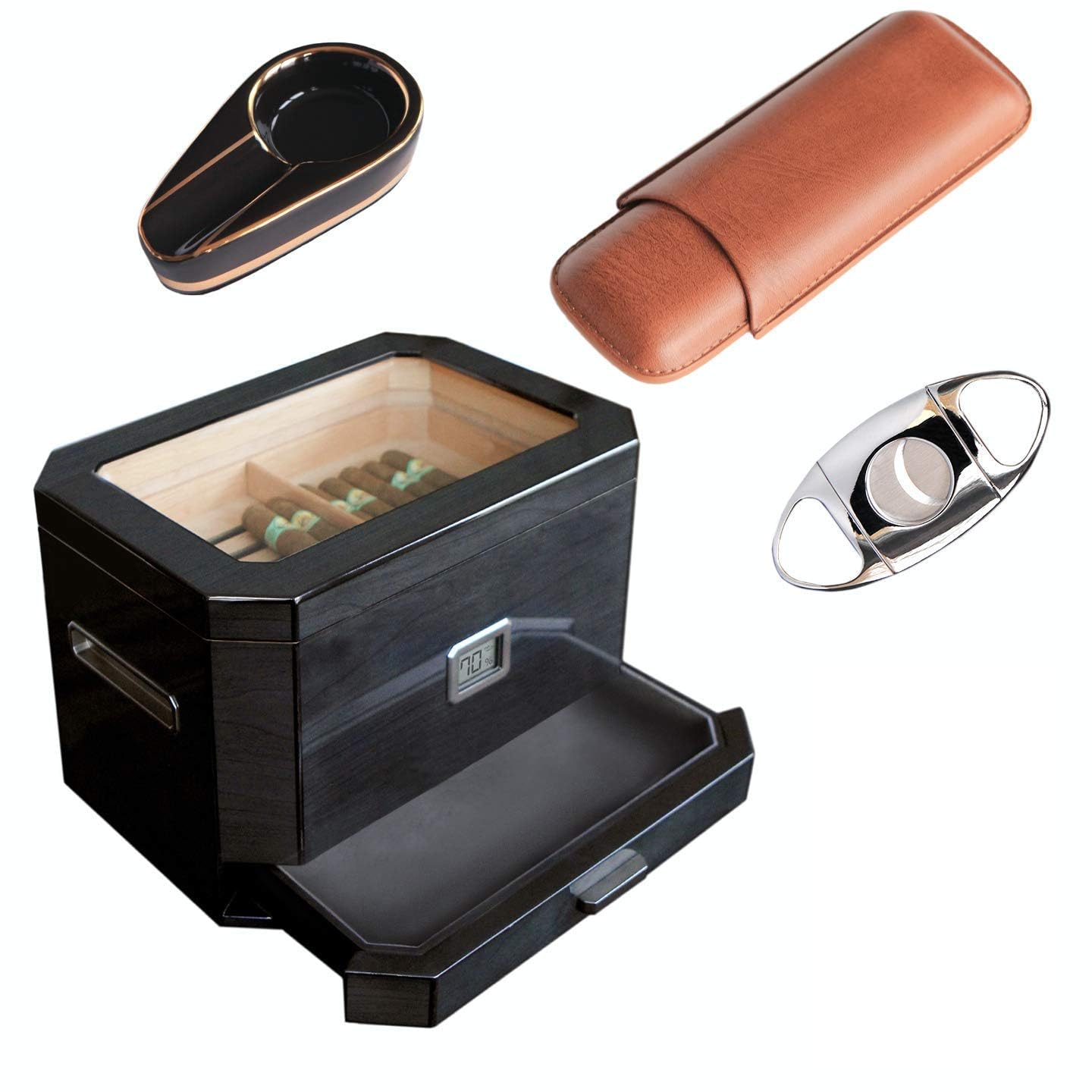 Premium Octodor Humidor with Built-in Cigar Cutter, Ashtray & Travel Case - Luxury Cigar Storage Solution for Home, Office & Travel - Perfect Gift for Cigar Enthusiasts