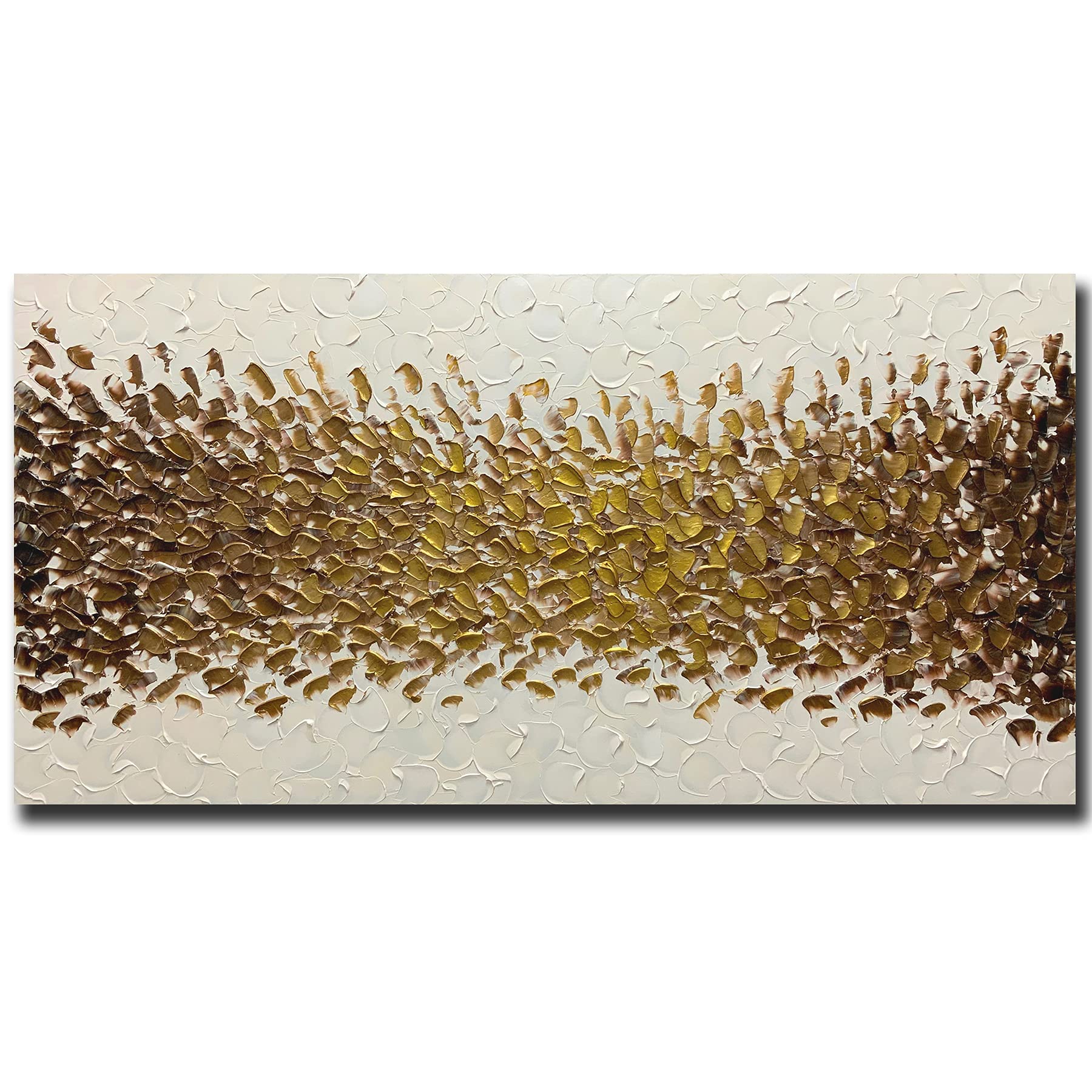 AZAVY 24x48 Inch Hand-Painted Gold Cream White Abstract Oil Painting - Textured Contemporary Wall Art - Stretched & Framed Canvas Ready to Hang - Perfect for Dining Room Decor, Living Room, Office & Modern Interior Design
