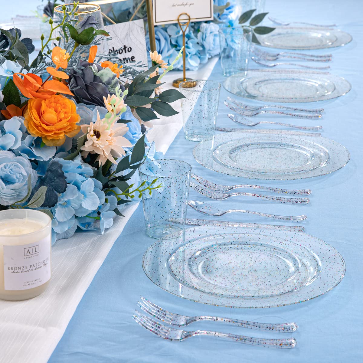 180-Piece Glitter Plastic Party Tableware Set - 30 Dinner Plates, 30 Dessert Plates, 90 Silverware & 30 Cups - Disposable Glitter Tableware for Birthday, Wedding, Baby Shower & Special Events