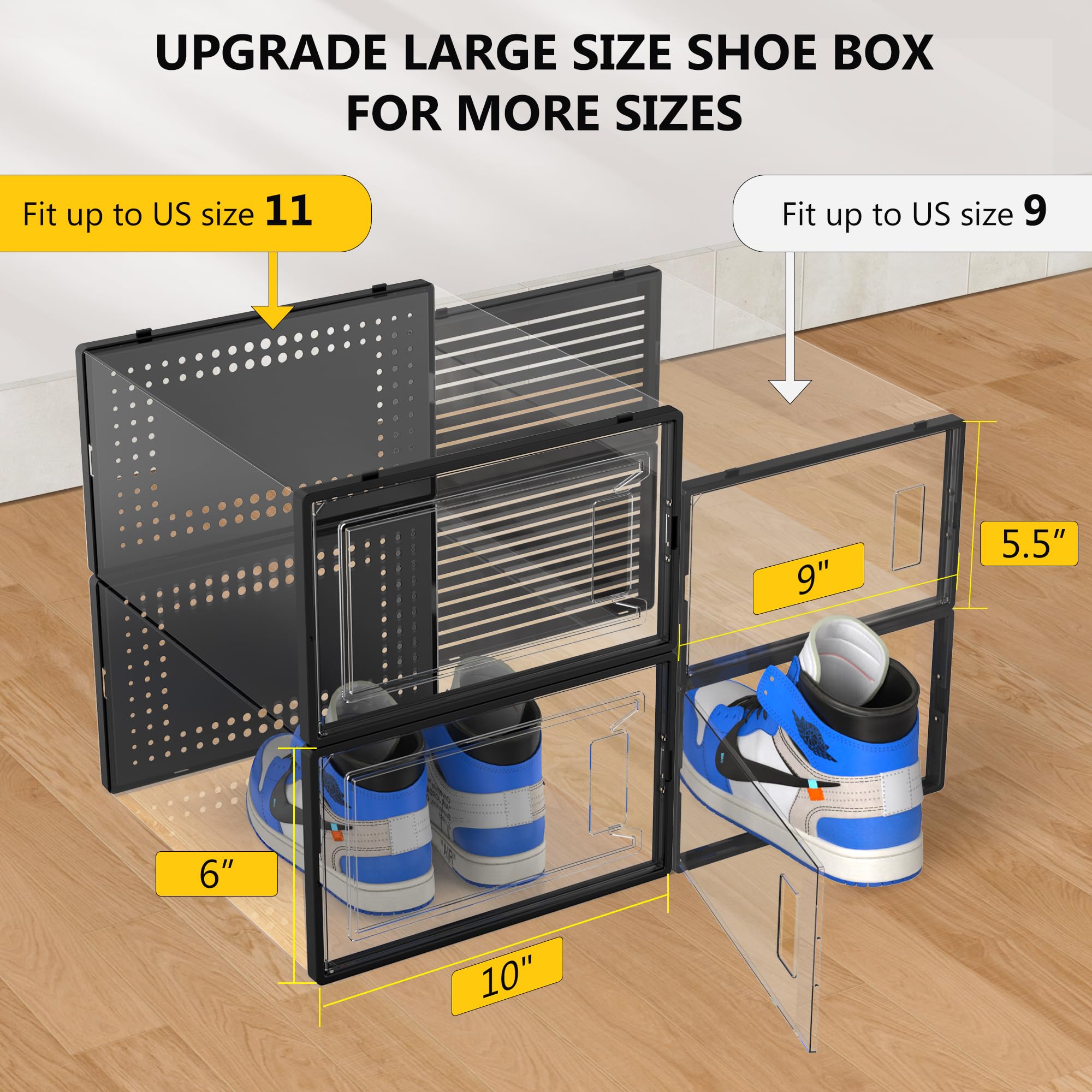 12 Pack Large Clear Plastic Shoe Storage Boxes with Lids - Stackable Modular Shoe Organizer for Closet, Space Saving Shoe Display Containers - Perfect for Sneaker Collection, Boot Storage & Closet Organization