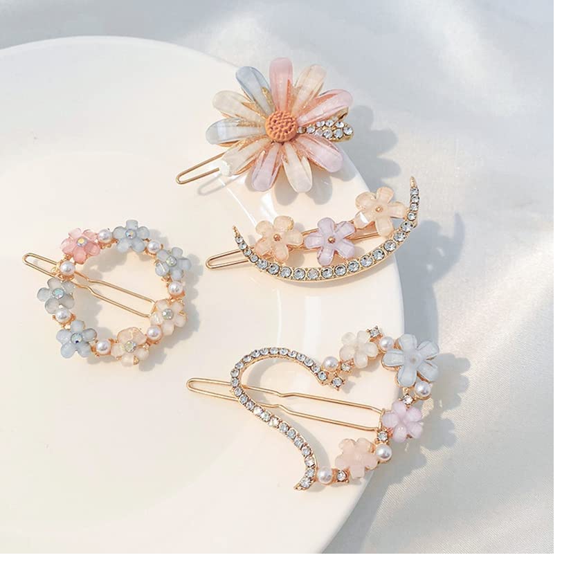 BLING Korean Hair Clips for Women & Girls - Rhinestone Hairpins with Pearl, Resin & Acrylic Flower Designs - Fashion Hair Accessories for Parties, Weddings & Daily Wear