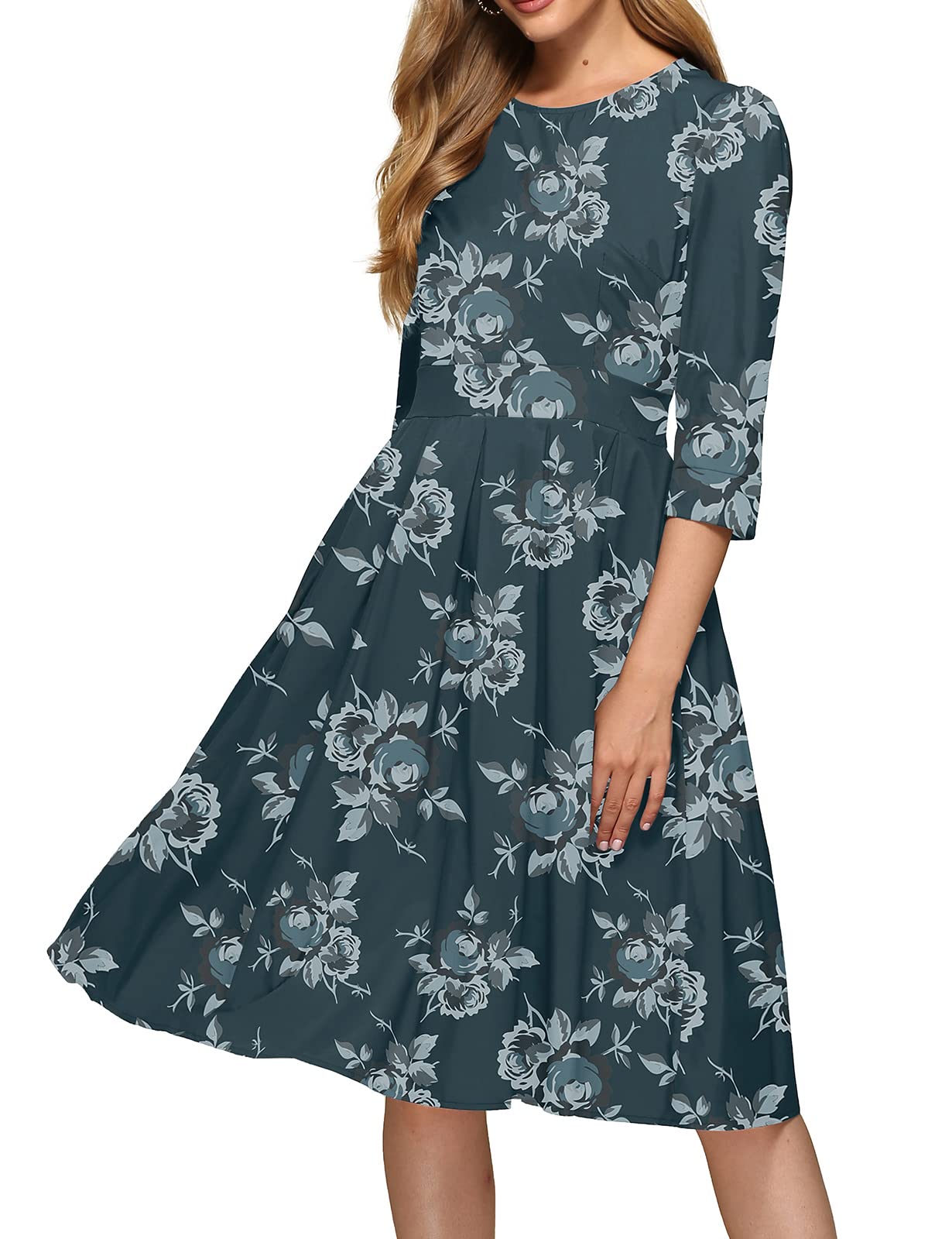 Vintage Floral Midi Dress for Women - Elegant 3/4 Sleeve Evening Gown | Perfect for Cocktail Parties, Weddings & Special Occasions