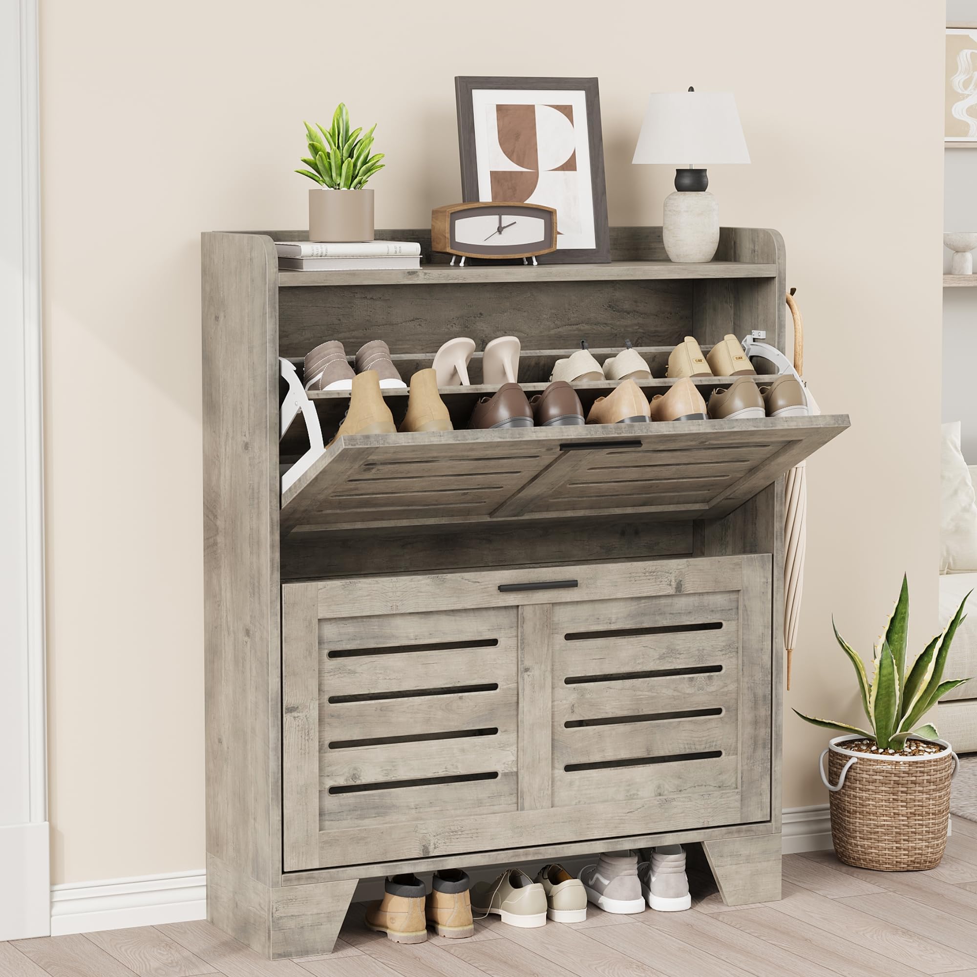 Freestanding Narrow Shoe Cabinet with 2 Flip Drawers & Hooks - Space Saving Entryway Shoe Storage Organizer for Foyer, Hallway, Garage - Perfect for Small Spaces & Apartment Living (Gray)