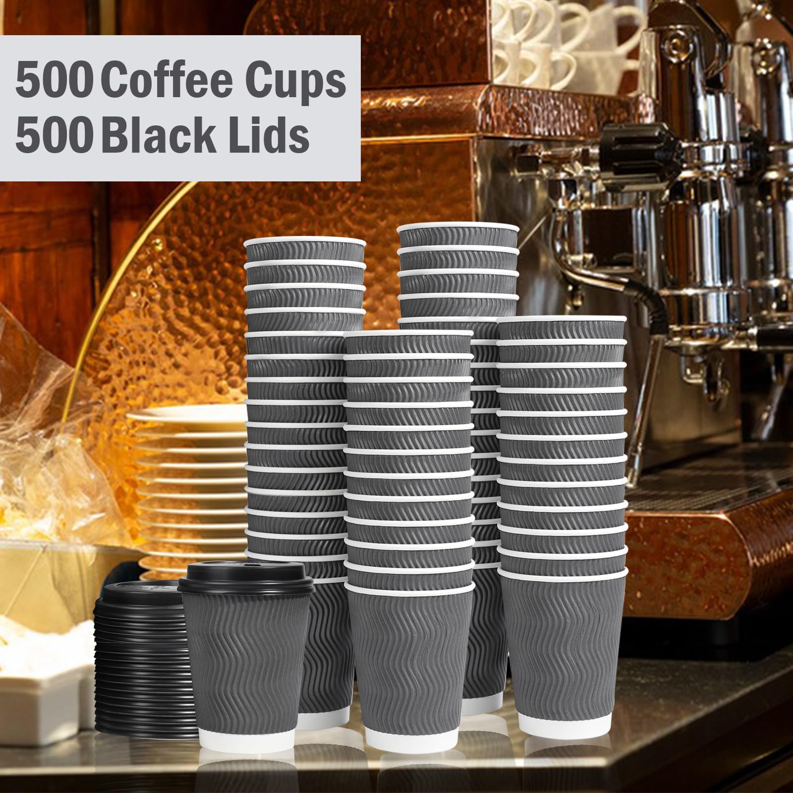 Lamosi 500 Pack - 12 oz Insulated Disposable Coffee Cups with Lids, To-Go Paper Coffee Cups for Hot Drinks, Corrugated Ripple Wall Design for Office, Coffee Bar, Cafes, and Takeout - Grey