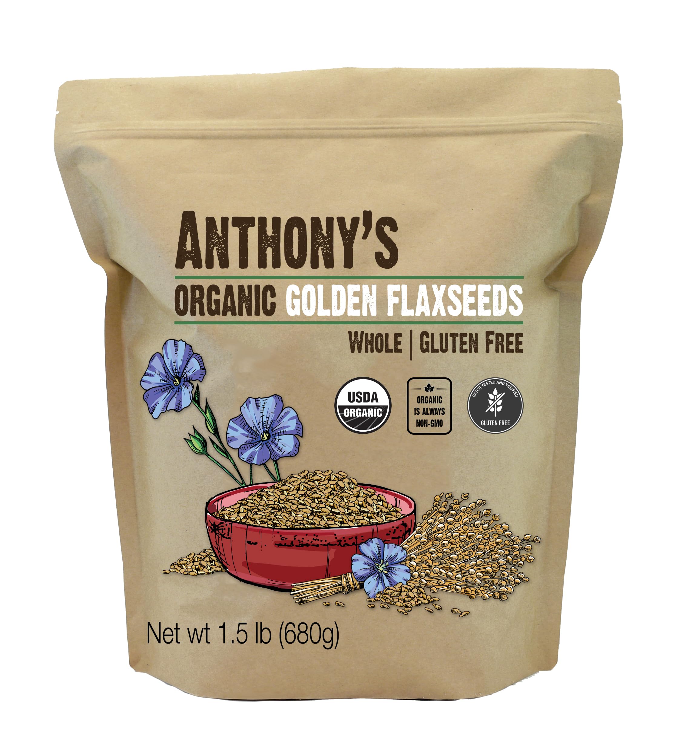 Anthony's Organic Whole Golden Flaxseeds, 1.5 lb - Gluten Free, Non-GMO, Vegan - Perfect for Smoothies, Baking, and Healthy Snacks