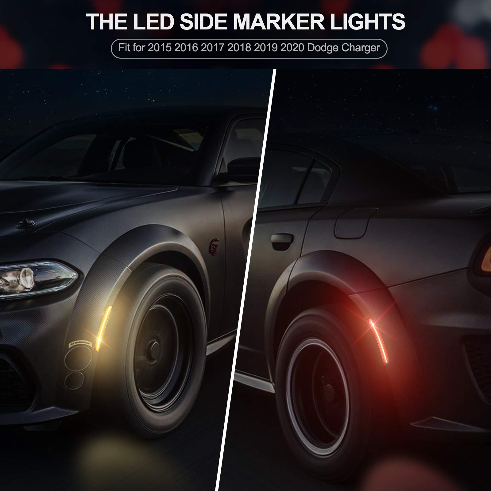 Smoke Black LED Side Marker Lights Assembly for Dodge Charger 2015-2022 - Front Amber & Rear Red Bumper Reflectors (4PCS) - Perfect for Night Driving & Custom Car Styling