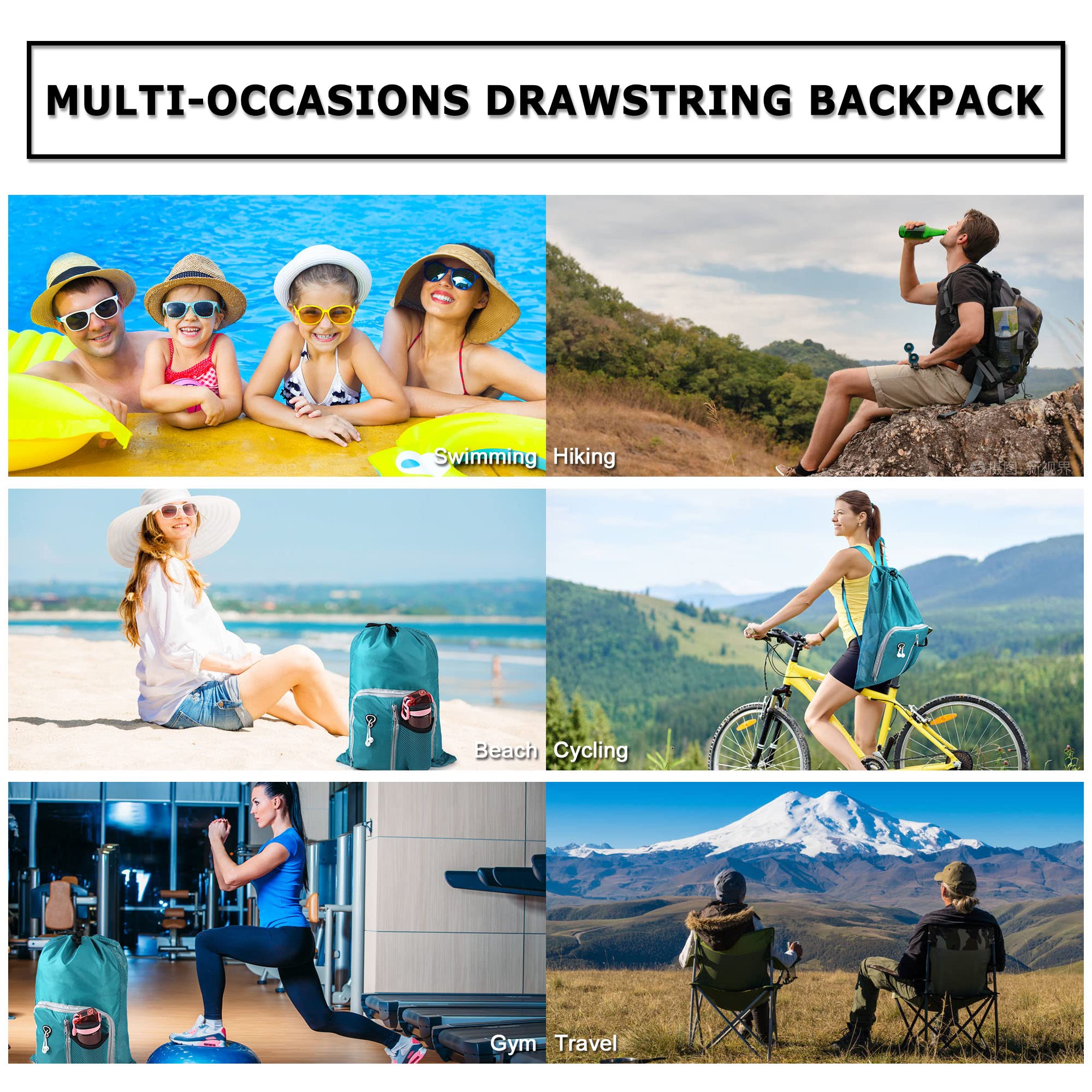 BeeGreen Small Drawstring Backpack - Lightweight Sports Bag for Gym, Workout & Swimming | Water-Resistant Pool & Beach Backpack for Men & Women | Perfect for Travel, Yoga & Outdoor Activities (Lake Blue, 17