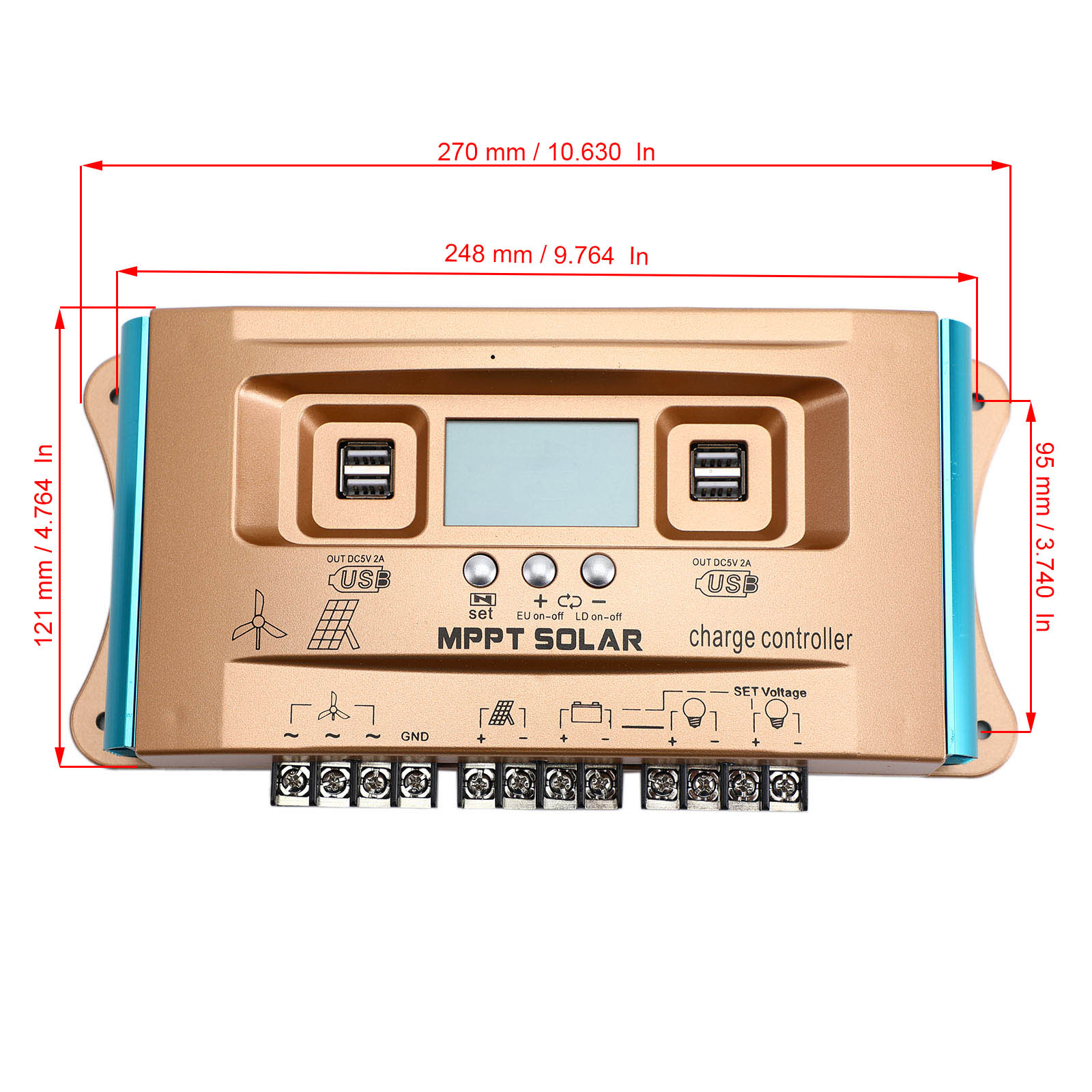 100A MPPT Solar Charge Controller with Dual USB Ports - 12V/24V/36V/48V/60V Auto-Switching for Wind & Solar Hybrid Systems - Perfect for Off-Grid Power, RV, Marine, and Home Backup Applications