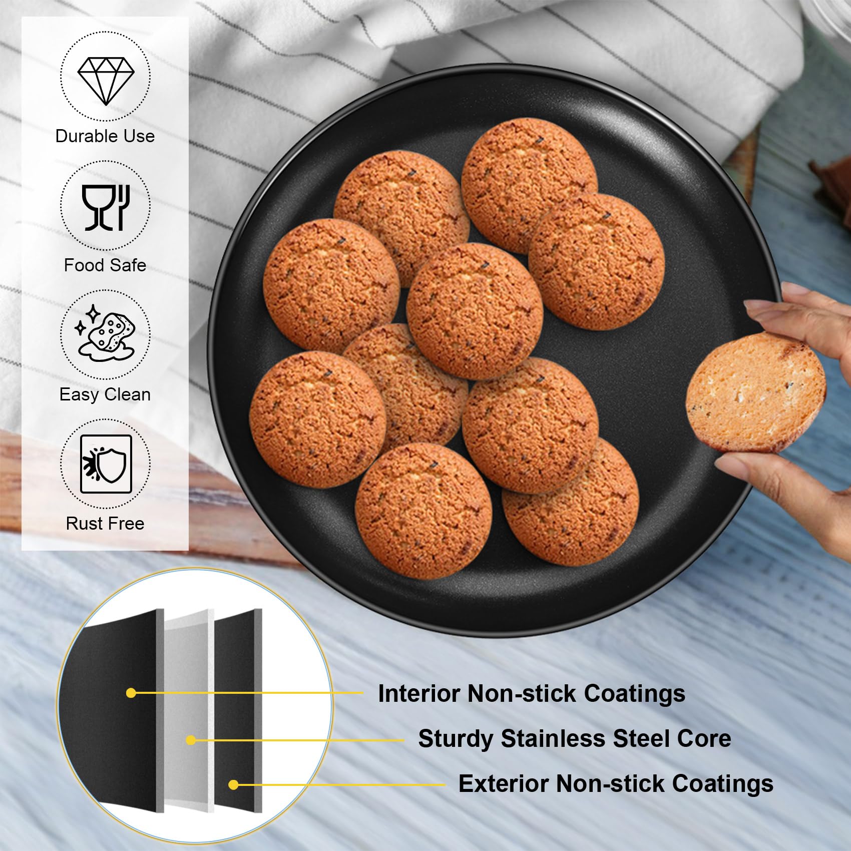 P&P CHEF 13.5 Inch Stainless Steel Pizza Pan - Professional Bakeware for Home Kitchen, Oven & Freezer Safe, Healthy Non-Toxic, Reusable & Easy Clean Pizza Tray - Perfect for Baking Homemade Pizzas, Bread, Cookies & More (Black)