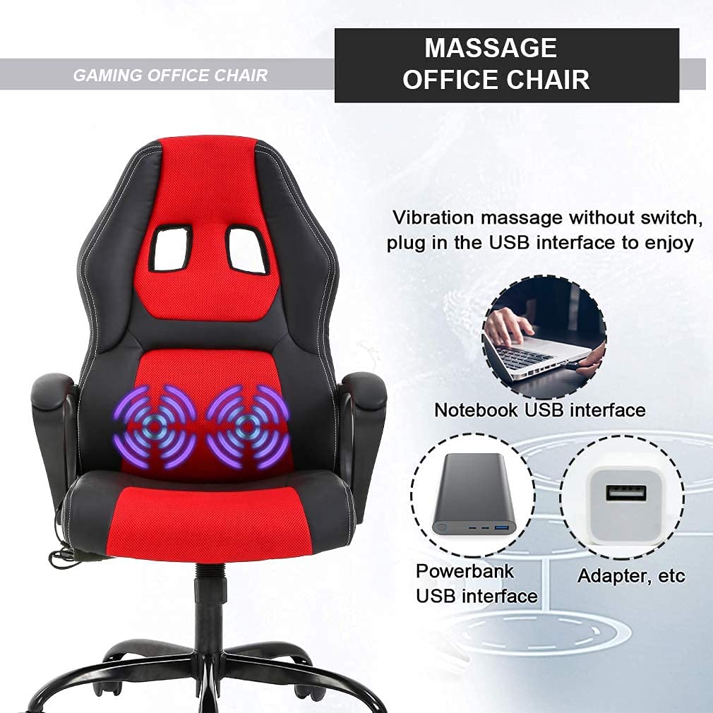 Ergonomic Gaming Chair with Massage & Lumbar Support - PU Leather Office Computer Chair with Adjustable Headrest & Armrests - Modern Swivel Rolling Task Chair for Home & Office Workspace - Perfect for Gaming, Working, and Relaxing (Red)