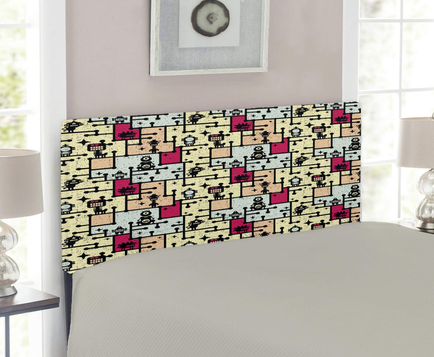 Ambesonne Space Themed Twin Size Upholstered Headboard - Geometric Grid Design with Stripes, Dots & Retro Robot Pattern - Memory Foam Padding - Multicolor Decorative Metal Bed Headboard for Kids Room, Teen Bedroom & Space Themed Decor