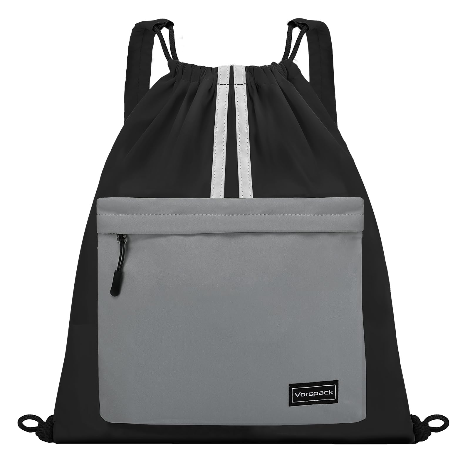 Vorspack Lightweight Drawstring Backpack with Front Pocket & Reflective Strips - Gym Sports Hiking Travel Sackpack for Men Women - Perfect for Workouts, School, Outdoor Adventures (Black)