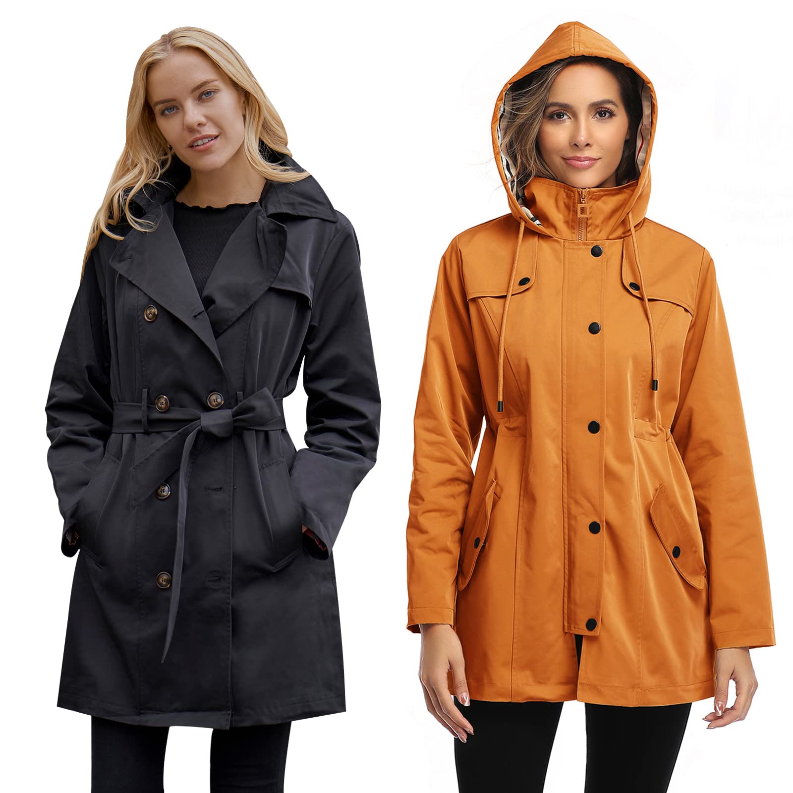 Waterproof Women's Rain Jacket - Yellow XL | Classic Double-Breasted Trench Coat - Black XXL | Outdoor Commuting & Spring Fashion Essentials