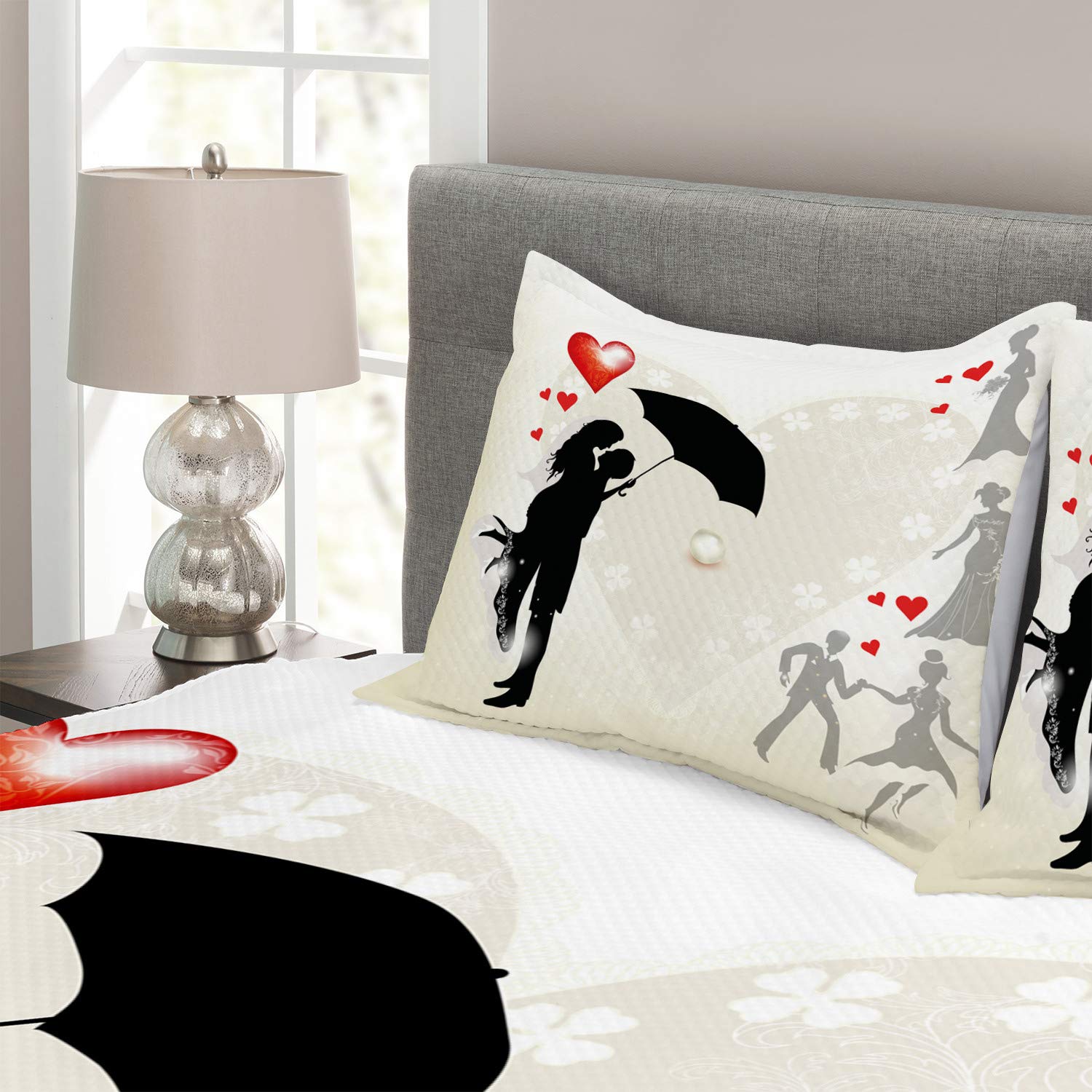 Ambesonne Romantic Wedding Bedspread Set - King Size 3-Piece Bedding with Love Umbrella & Red Hearts Design, Black White Red Daisies Pattern - Perfect for Anniversary, Valentine's Day & Couples Bedroom Decor