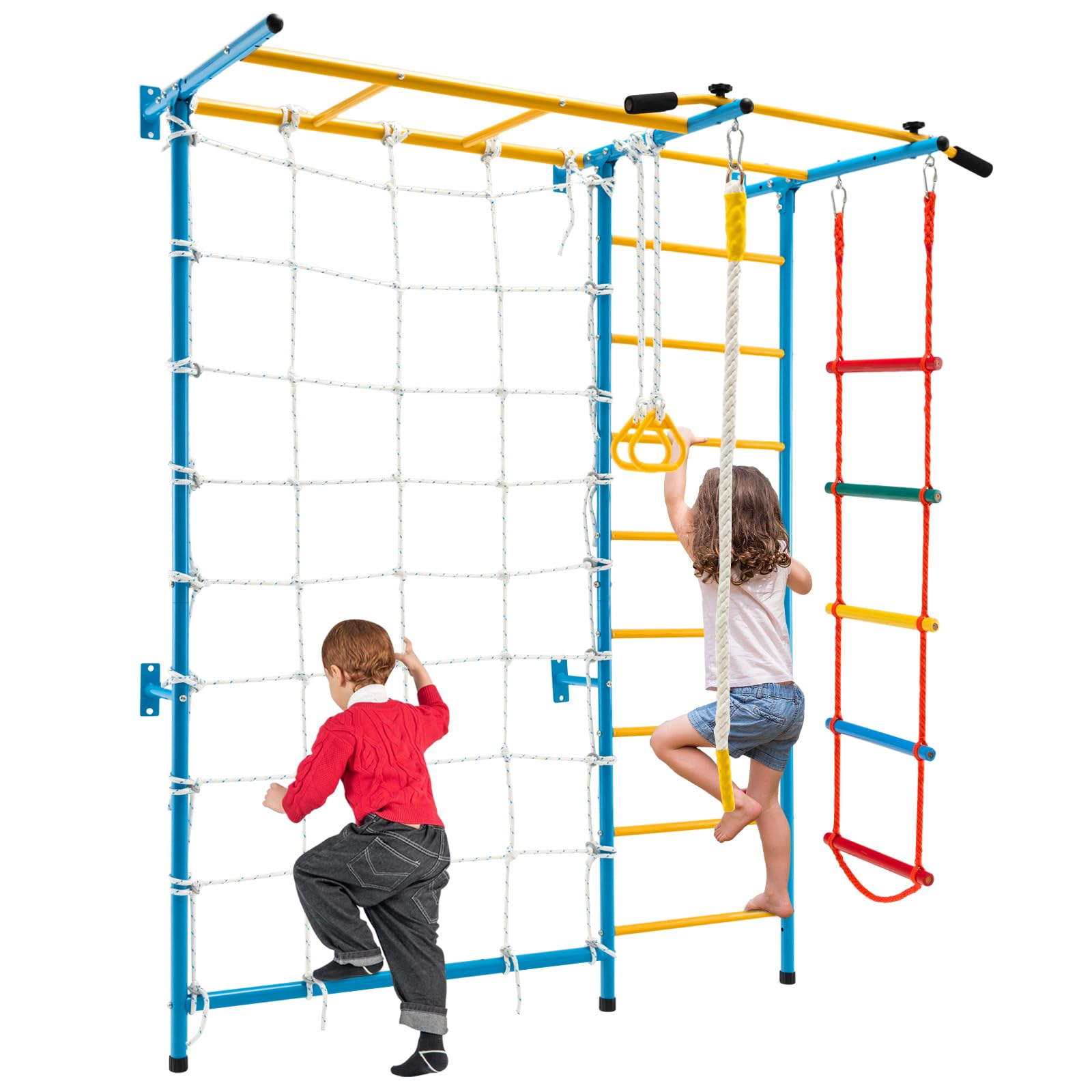 **HONEY JOY 7-in-1 Kids Climbing Gym Set for Toddlers - Indoor Metal Playground with Rope Ladder, Pull-up Bar, Monkey Bars & Gymnastic Rings - Safe & Durable Wall-Mounted Exercise Equipment for Home, Playroom, or Backyard Fun**