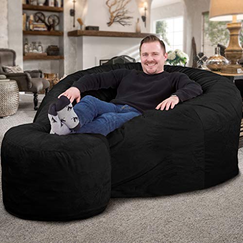 ULTIMATE SACK 5ft Oversized Bean Bag Chair & Footstool for Adults - Black Suede Lounge Furniture for Living Room, Bedroom & Game Room | Comfy Couch Alternative, Loveseat & Sofa Replacement