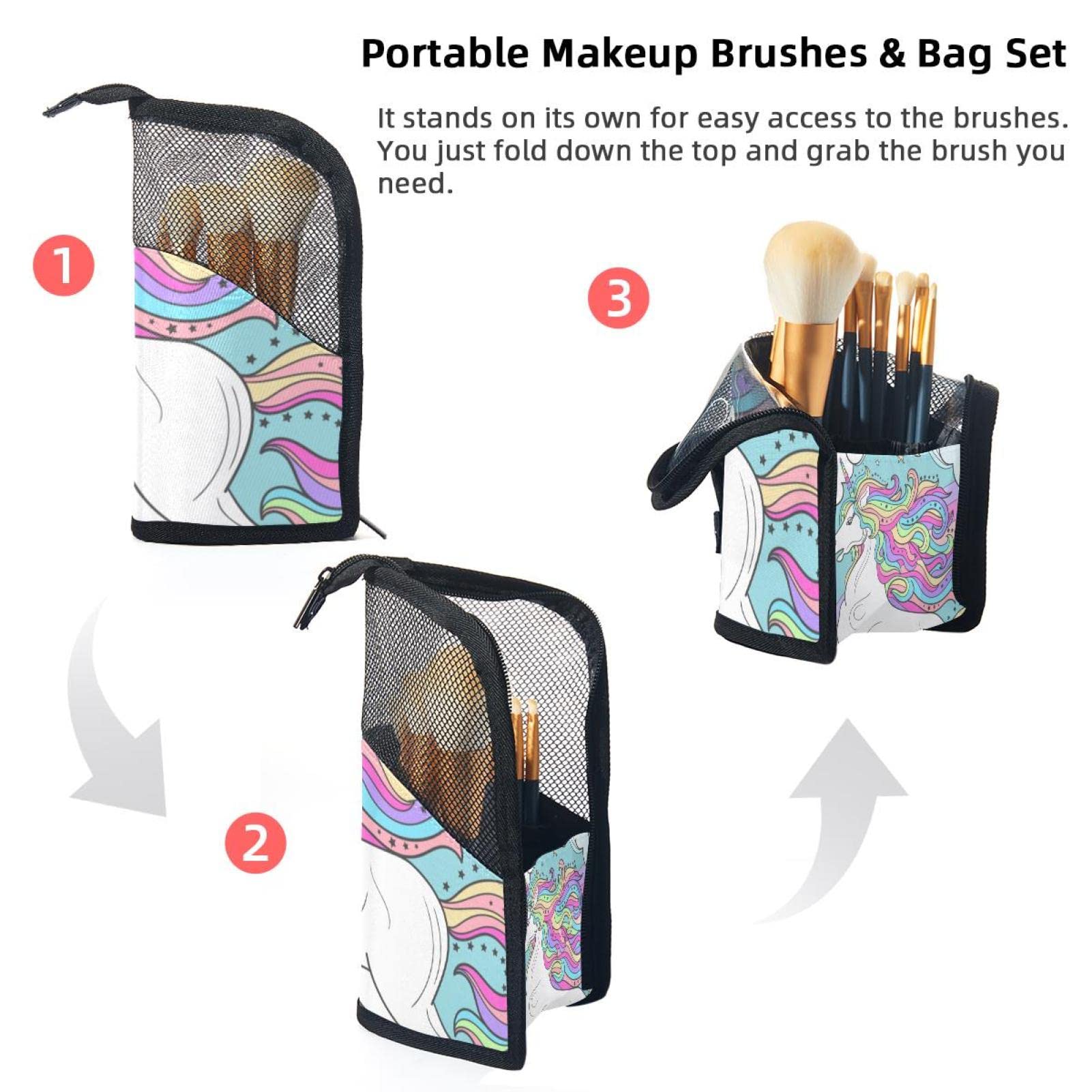 12-Piece Makeup Brush Organizer Bag with Unicorn & Rainbow Cloud Design - Portable Cosmetic Brush Holder Case for Travel, Home & Professional Use