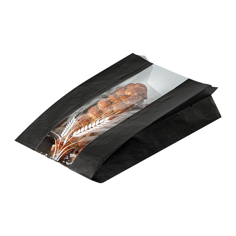 Eco-Friendly Black Paper Bread Bags - Micro Perforated, Greaseproof, Wheat Pattern (6x2.75x10 Inches) - 100 Count Box - Perfect for Bakery, Sandwich Shop & Food Packaging