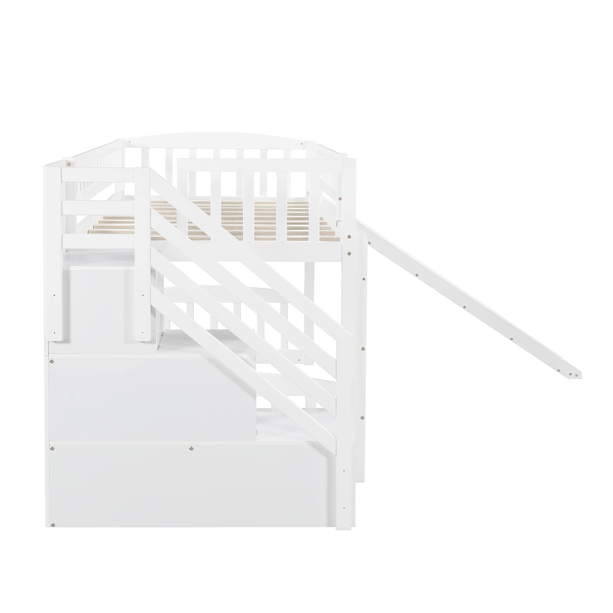 **White Twin Loft Bed with Slide & Stairs - Wooden Low Loft Bed Frame with Storage for Kids, Boys & Girls - Perfect for Small Rooms, Playrooms & Kids' Bedrooms**