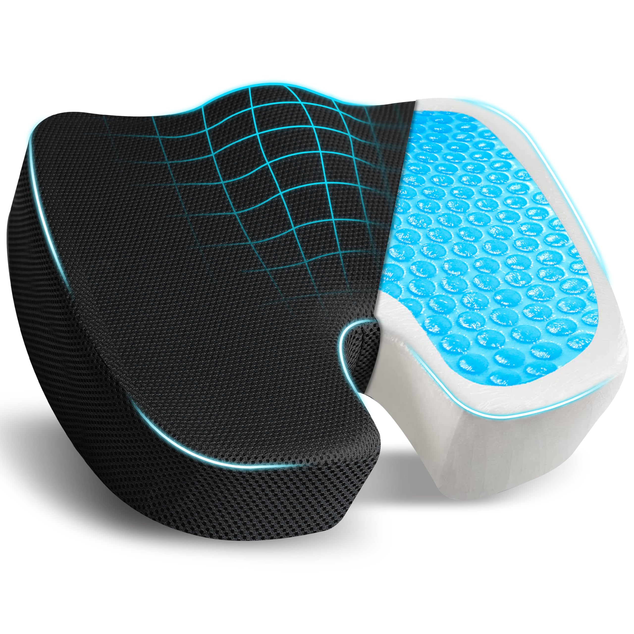 EcoNour Gel Seat Cushion for Office Chair - Memory Foam Coccyx Support for Sciatica & Tailbone Pain Relief - Ergonomic Car Seat Cushion & Desk Chair Pillow - Perfect for Long Sitting at Work, Driving, or Home Use