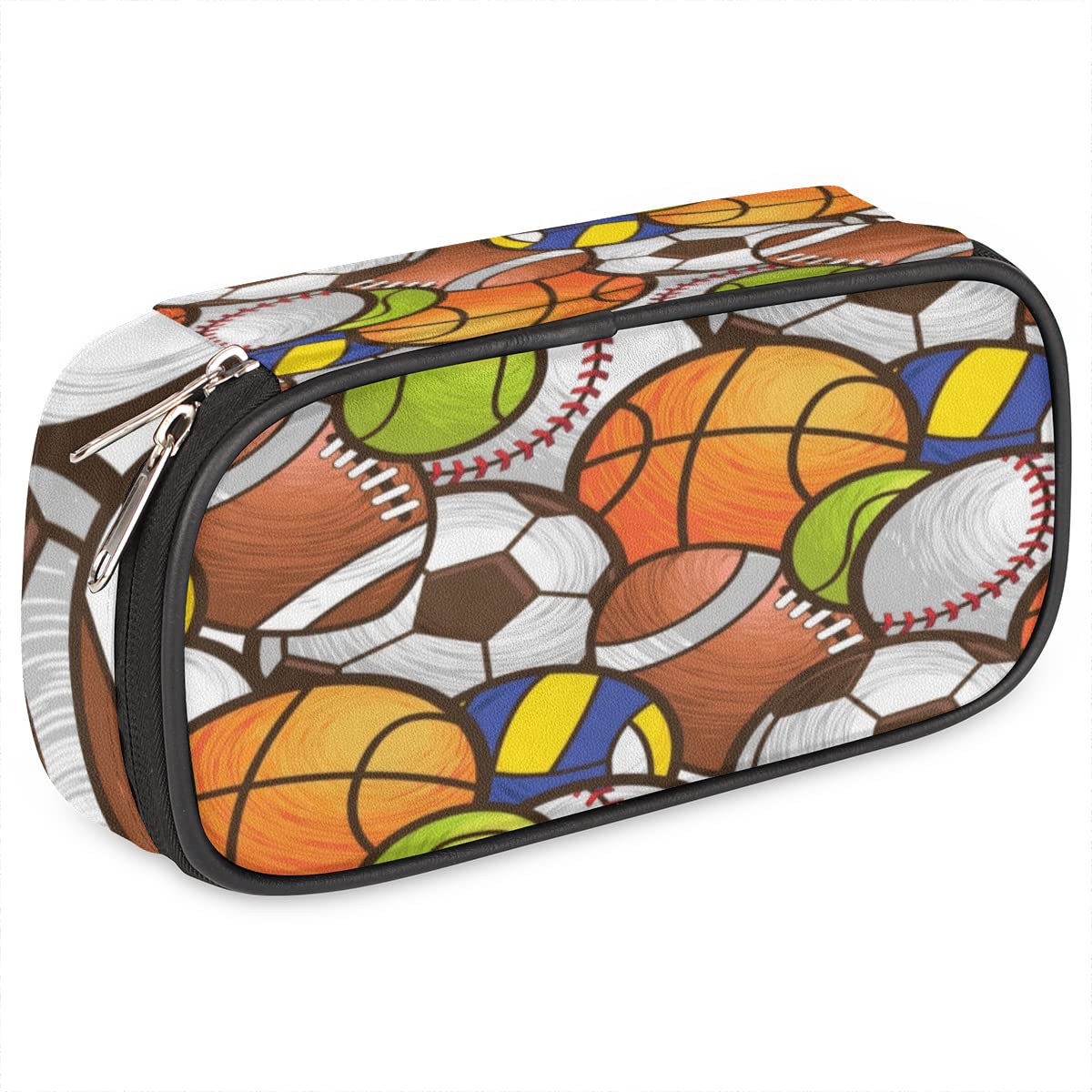 Sport Ball Pattern Pencil Case - Soccer Baseball Basketball Design Large Zippered School Supply Organizer - Pen Holder Storage Pouch for Boys & Girls - Perfect for School, Office, and Sports Team Organization