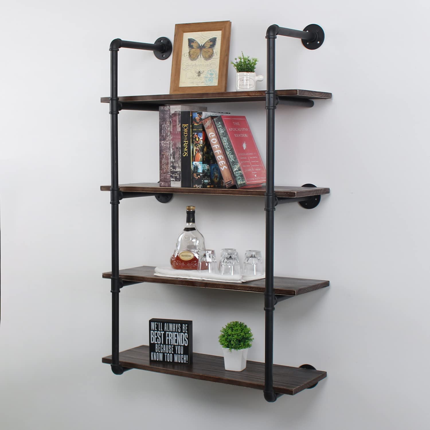 MBQQ Industrial Retro Pipe Shelf 30in 4 Tier Wall Mounted - Rustic Floating Shelves for Farmhouse Kitchen, Bar & Home Decor - Black DIY Bookshelf & Wall Storage Solution - Perfect for Organizing Spices, Books & Displaying Decor Items