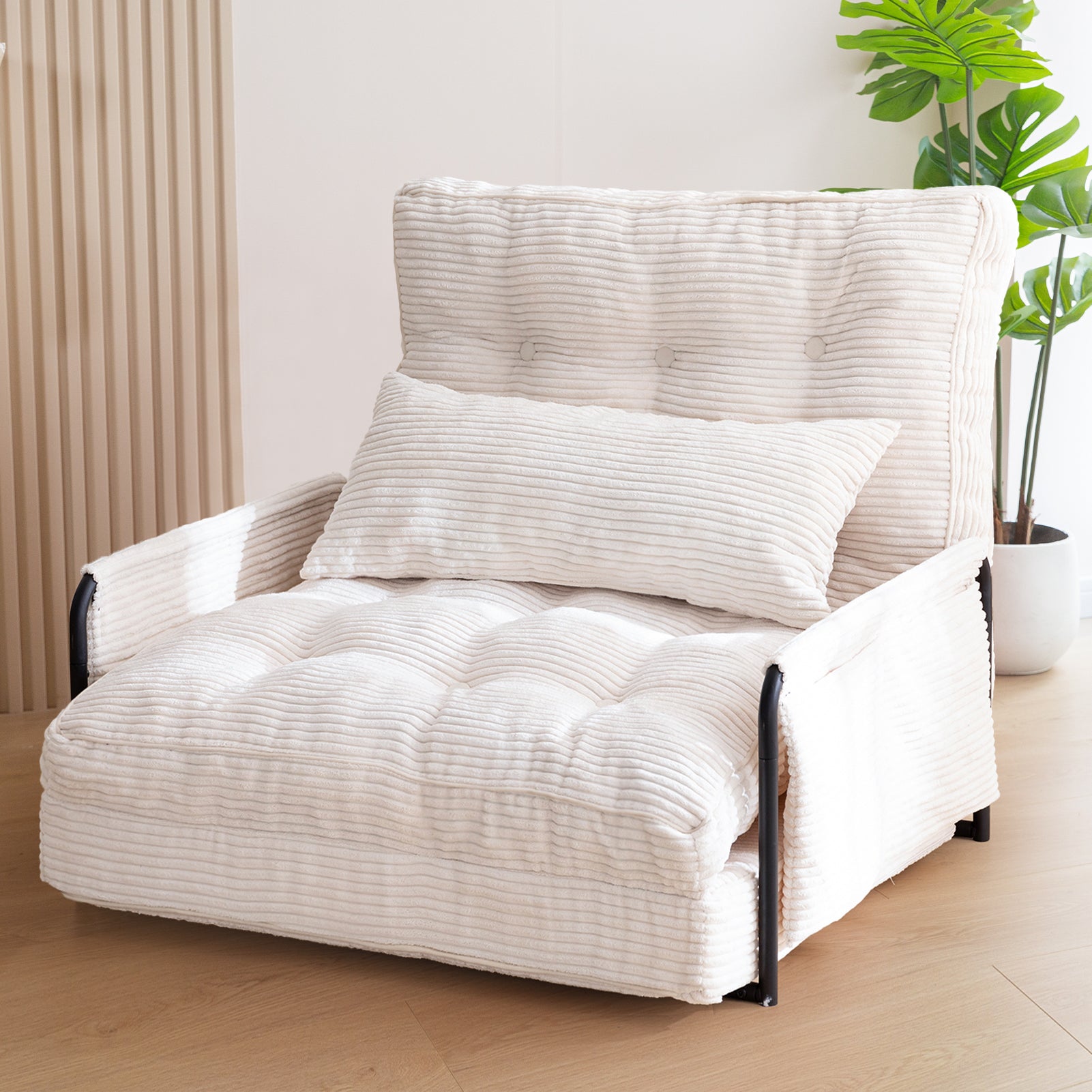 MAXYOYO Adjustable Floor Sofa Couch with Pillow - 5 Position Foldable Lazy Sofa Sleeper Bed with Armrest, Single Size Beige for Living Room, Bedroom & Small Spaces