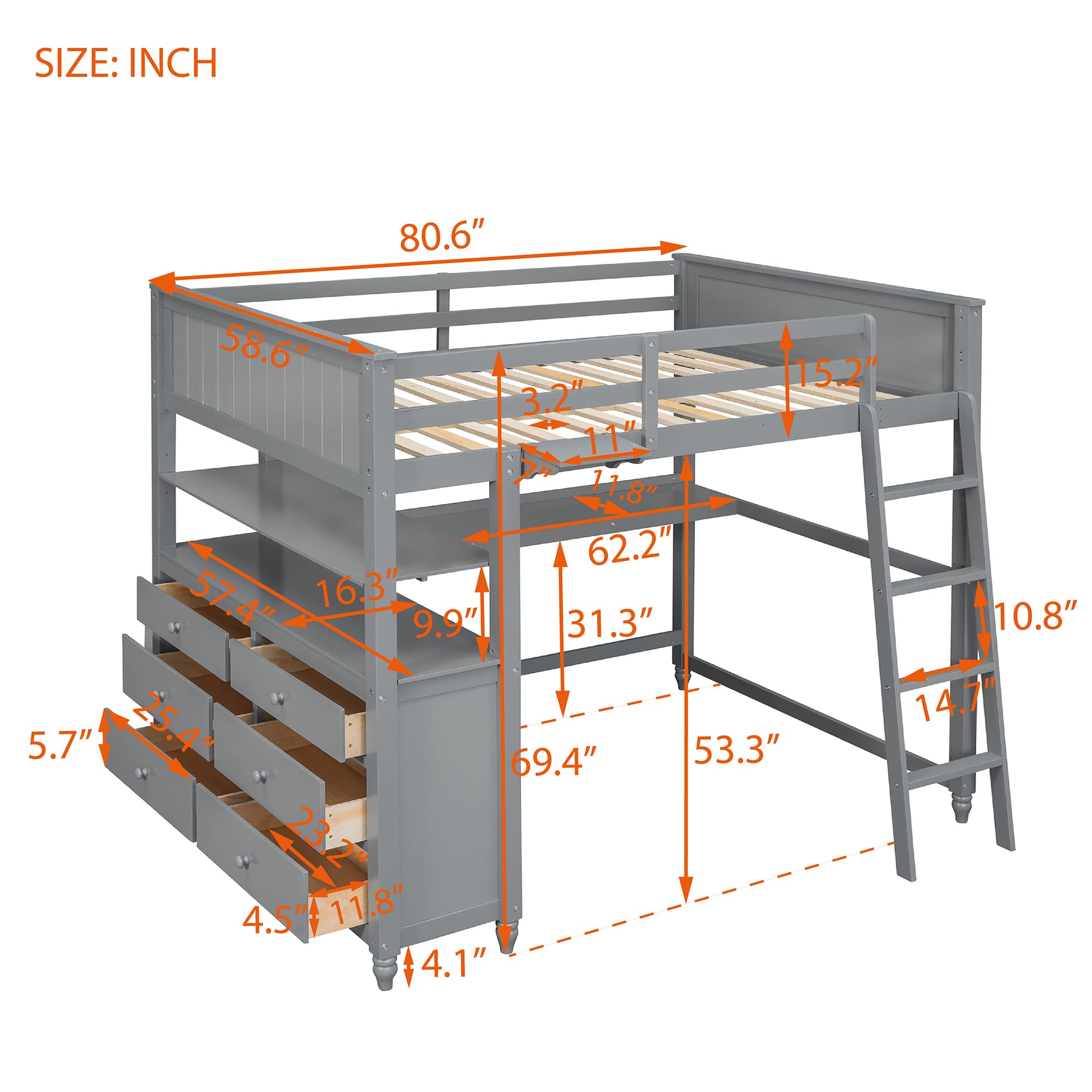 Full Loft Bed with Desk & Storage - Wooden Loft Bed with Drawers & Shelves for Kids, Teens & Adults - Space-Saving Gray Bedroom Furniture for Small Rooms & Dorm Rooms