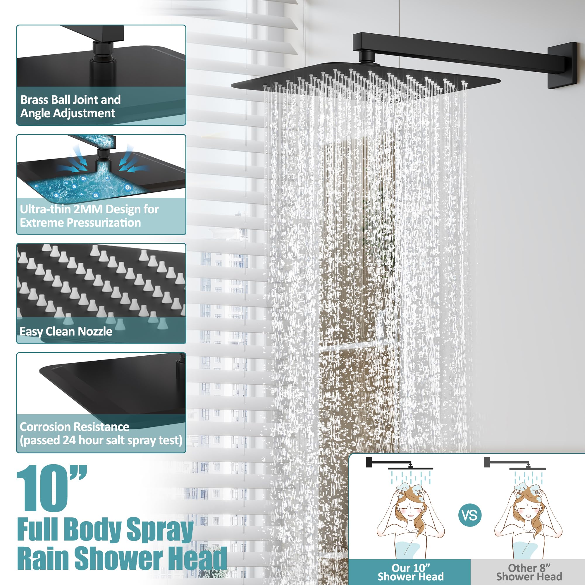 ESNBIA Matte Black Shower System - 10 Inch Rainfall Shower Head & Handheld Spray Combo with Wall Mounted Slide Bar, High Pressure Shower Faucet Set with Valve for Luxurious Bathroom Experience | Perfect for Master Bath, Spa-Like Showers & Modern Home Renovations