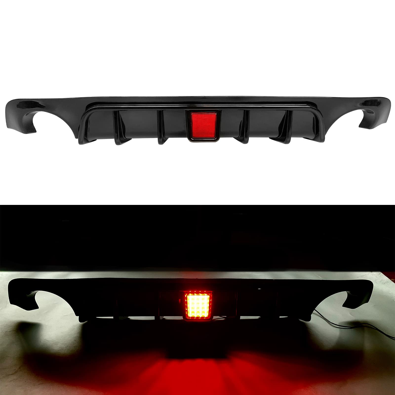 **FREEMOTOR802 Gloss Black Rear Diffuser with LED Brake Light for 2018-2024 Infiniti Q50 | PP Bumper Lip Spoiler & Valance Panel | Exterior Styling Trim Kit – Upgrade Your Ride for Sporty Looks & Nighttime Safety**    *(Perfect for car enthusiasts seeking aggressive styling, improved aerodynamics, and enhanced rear visibility during night driving.)*