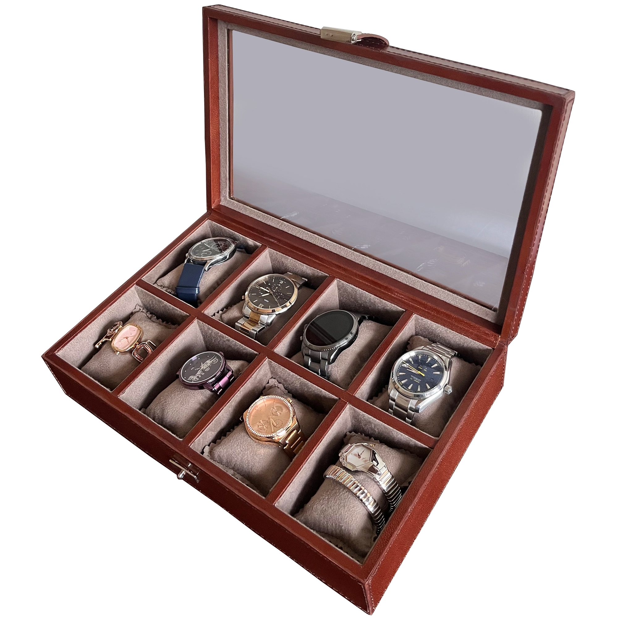Premium 8-Slot Leather Watch Case for Men & Women - Genuine Brown Leather Watch Box Organizer - Perfect for Travel, Storage & Display of Luxury Watches