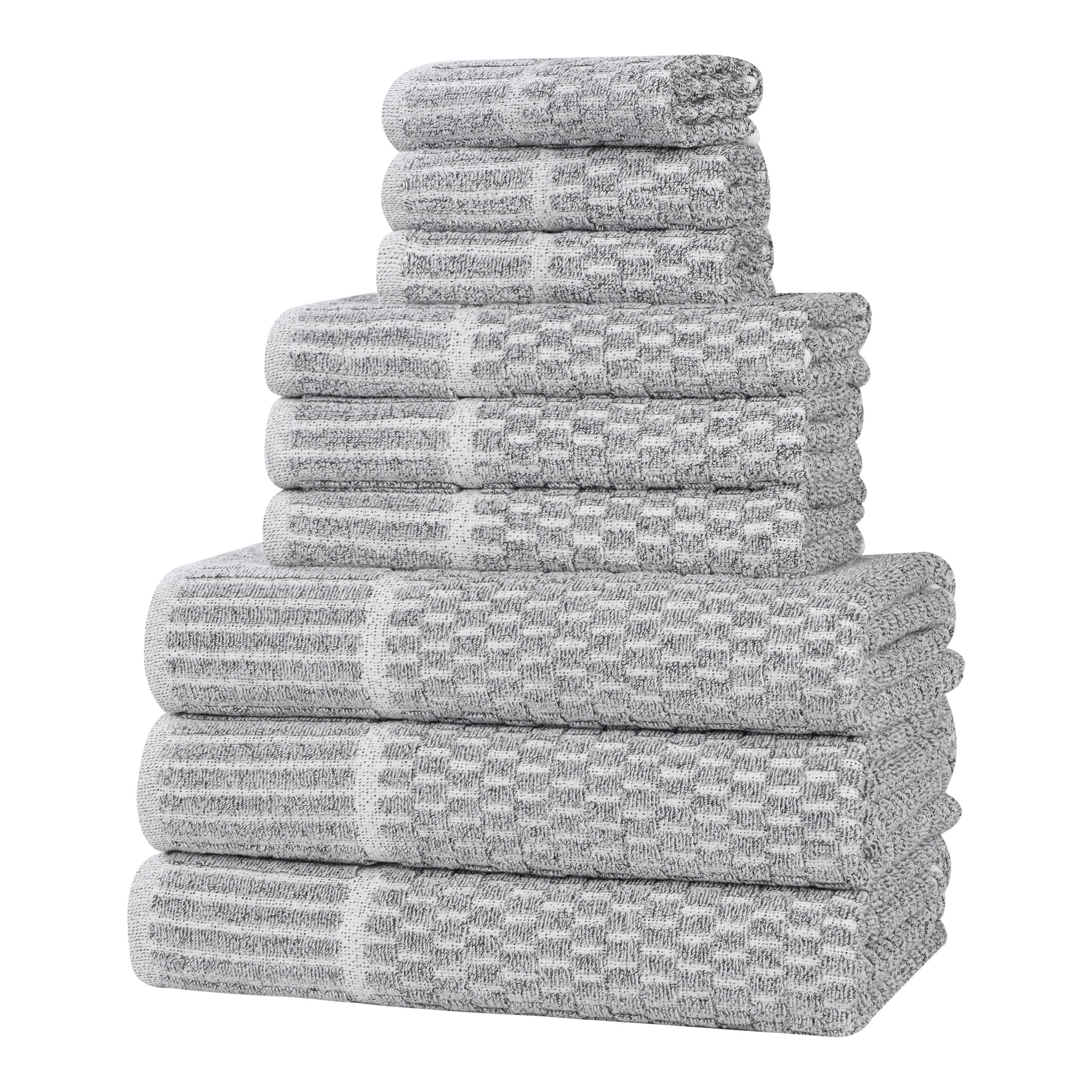 Premium 9-Piece Cotton Blend Checkered Border Towel Set - Medium Weight, Soft & Absorbent for Bathroom, Spa, and Guest Use