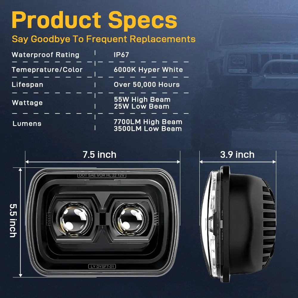 110W 5x7 Inch LED Headlight High/Low Beam - Sealed Beam Replacement for Jeep Wrangler YJ TJ JK Cherokee XJ & Trucks - Off-Road Adventure, Night Driving, All-Weather Performance