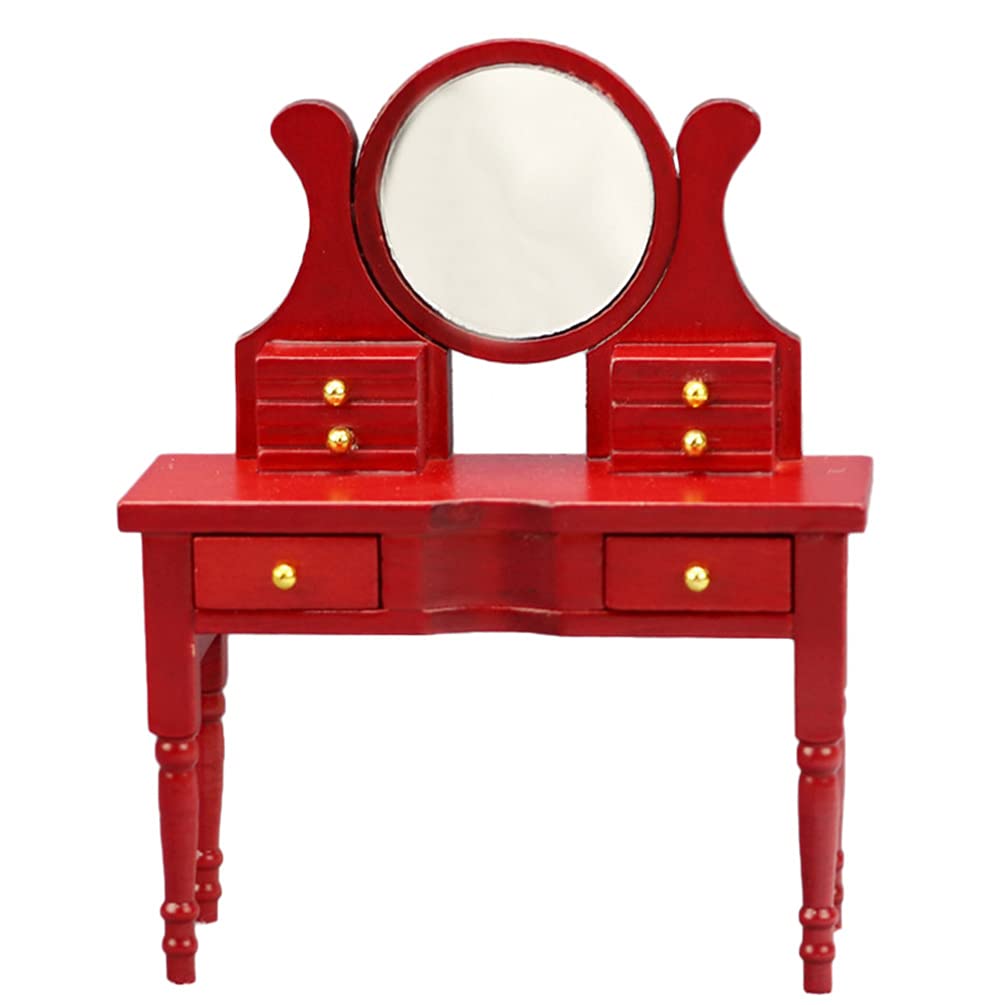 1:12 Scale Wooden Dollhouse Night Stand with Mirror - Mini Dressing Table & Bedside Cabinet with Drawers - Dollhouse Furniture Accessory for Collectors & Model Enthusiasts - Perfect for Dollhouse Bedrooms & DIY Miniature Projects (Red)