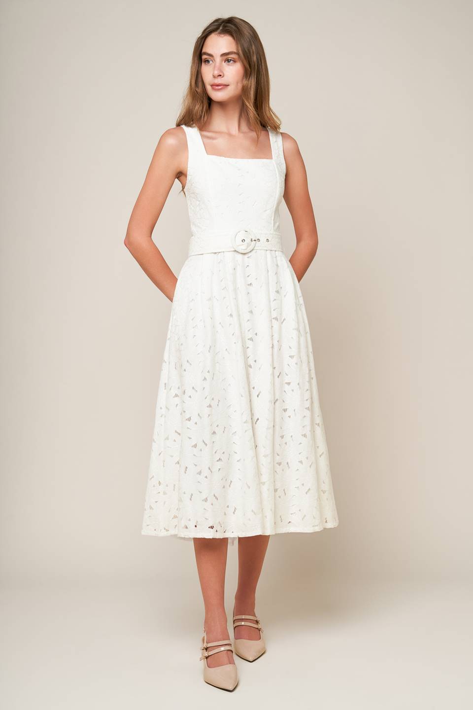 DAFFODILS & DAYDREAMS Woven Lace Midi Dress - Elegant Floral Summer Dress for Women, Perfect for Garden Parties, Weddings & Date Nights