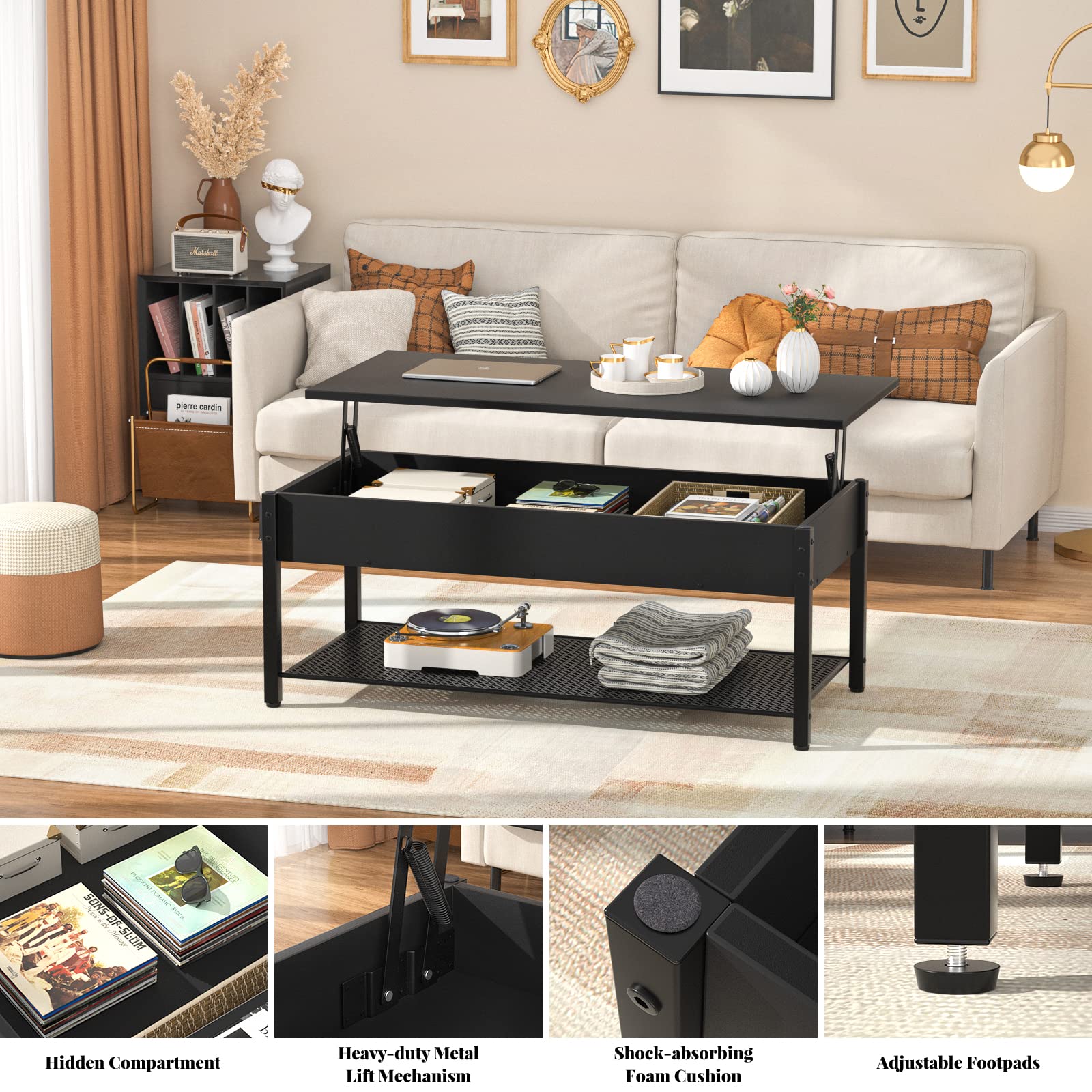 Homieasy Lift Top Coffee Table with Storage Shelf & Hidden Compartment - Modern Wood Lift Tabletop with Metal Frame for Living Room - Perfect for Small Spaces, Home Office & Entertaining Guests (Black)