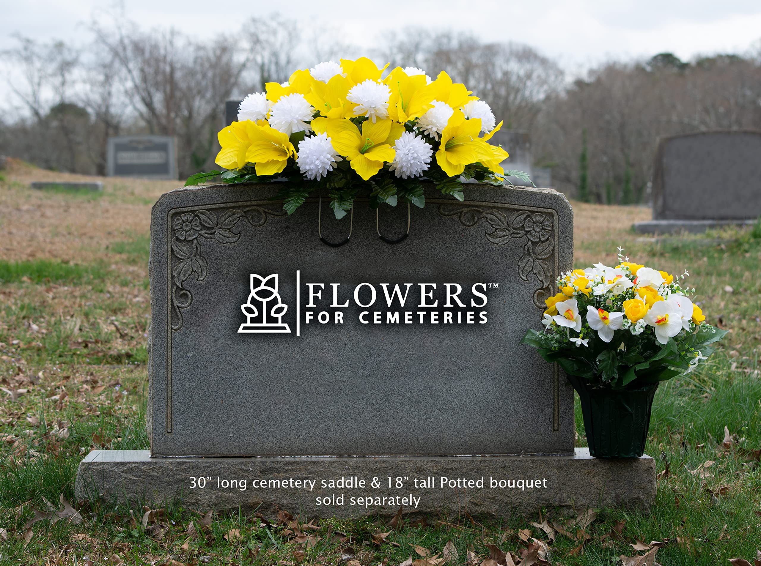 Sympathy Silks Artificial Flowers - Weighted Pot Bouquet Decoration - Fade Resistant Yellow Cabbage Rose & White Orchids - Home, Office & Memorial Floral Arrangement