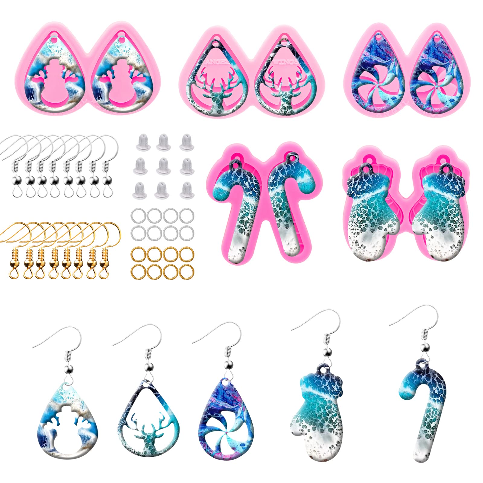 105Pcs DIY Resin Earring Molds Kit with 5 Christmas Silicone Molds - Jewelry Making Supplies for Epoxy Casting, Includes Earring Hooks - Perfect for Handmade Unique Earrings, Gifts & Holiday Crafts