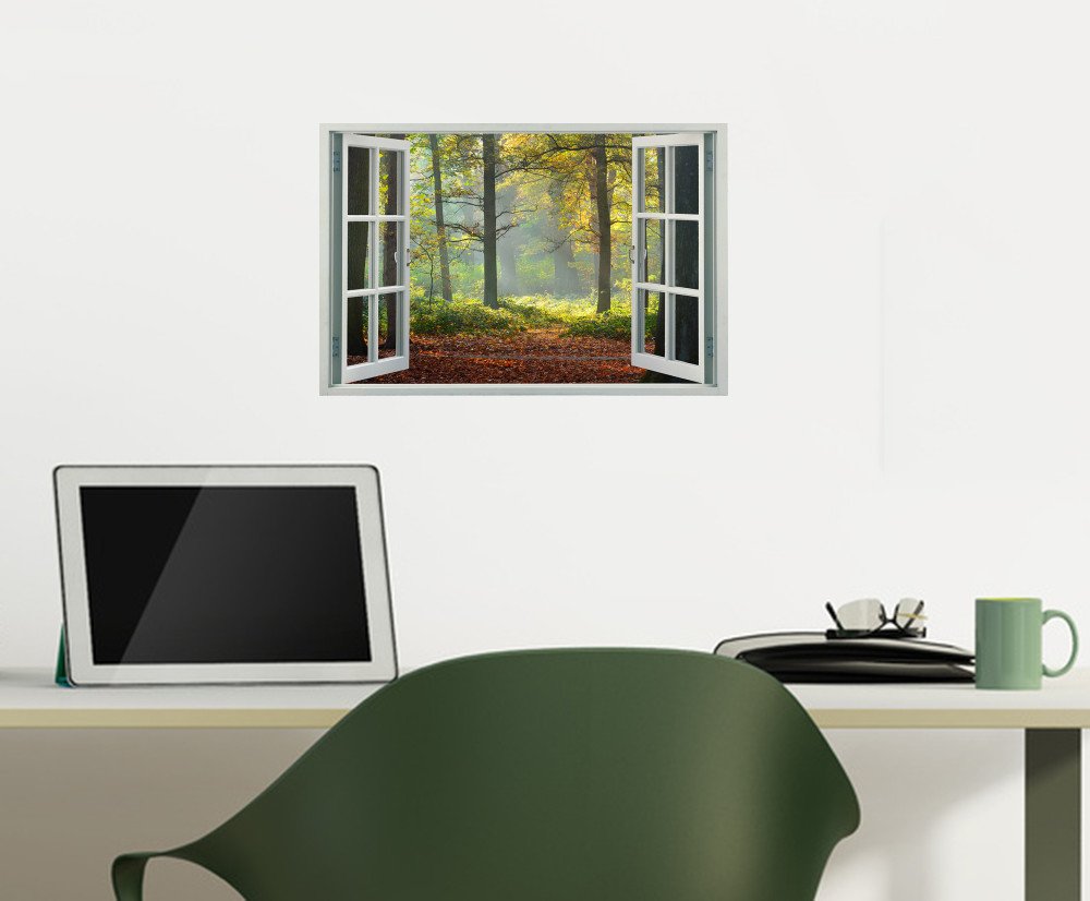 Peel & Stick Fake Window Wall Decal - Autumn Forest Landscape (12x8 Inches) - Self-Adhesive Window Film for Home Decor, Office, Bedroom & Nursery