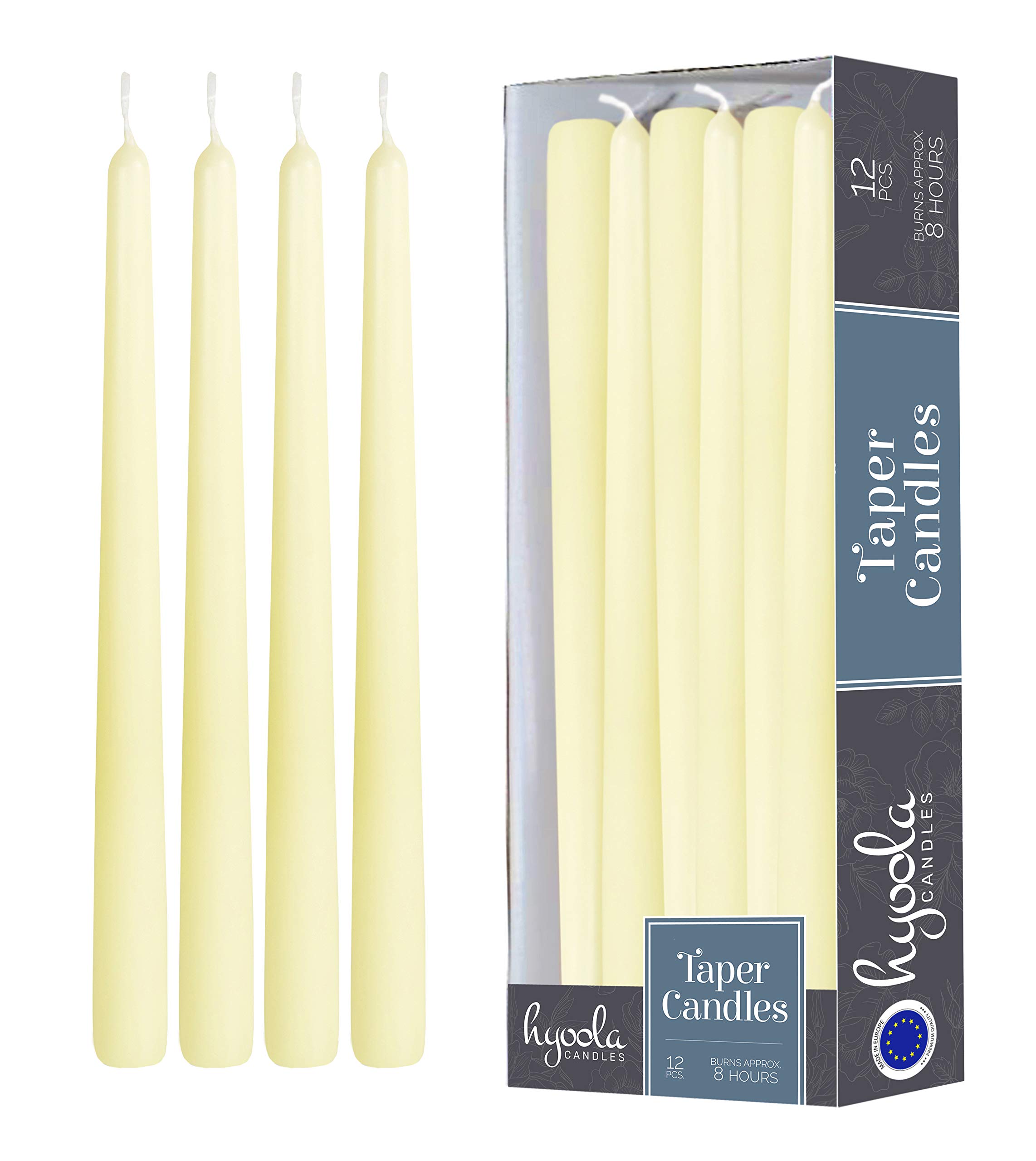 12 Pack 10 Inch Ivory Unscented Taper Candles - Dripless Dinner Candles with Cotton Wicks - Long Lasting 8 Hour Burn Time - Perfect for Weddings, Dining Tables & Holiday Decorations