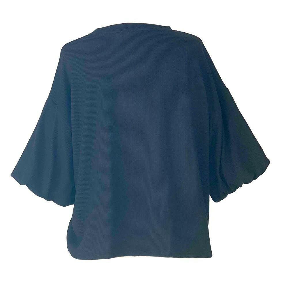 Stylish Ribbed Puffy Sleeve 3/4 Sleeve Top in Charcoal - Women's Fashion Basic Essentials for Casual Wear & Office Outfits
