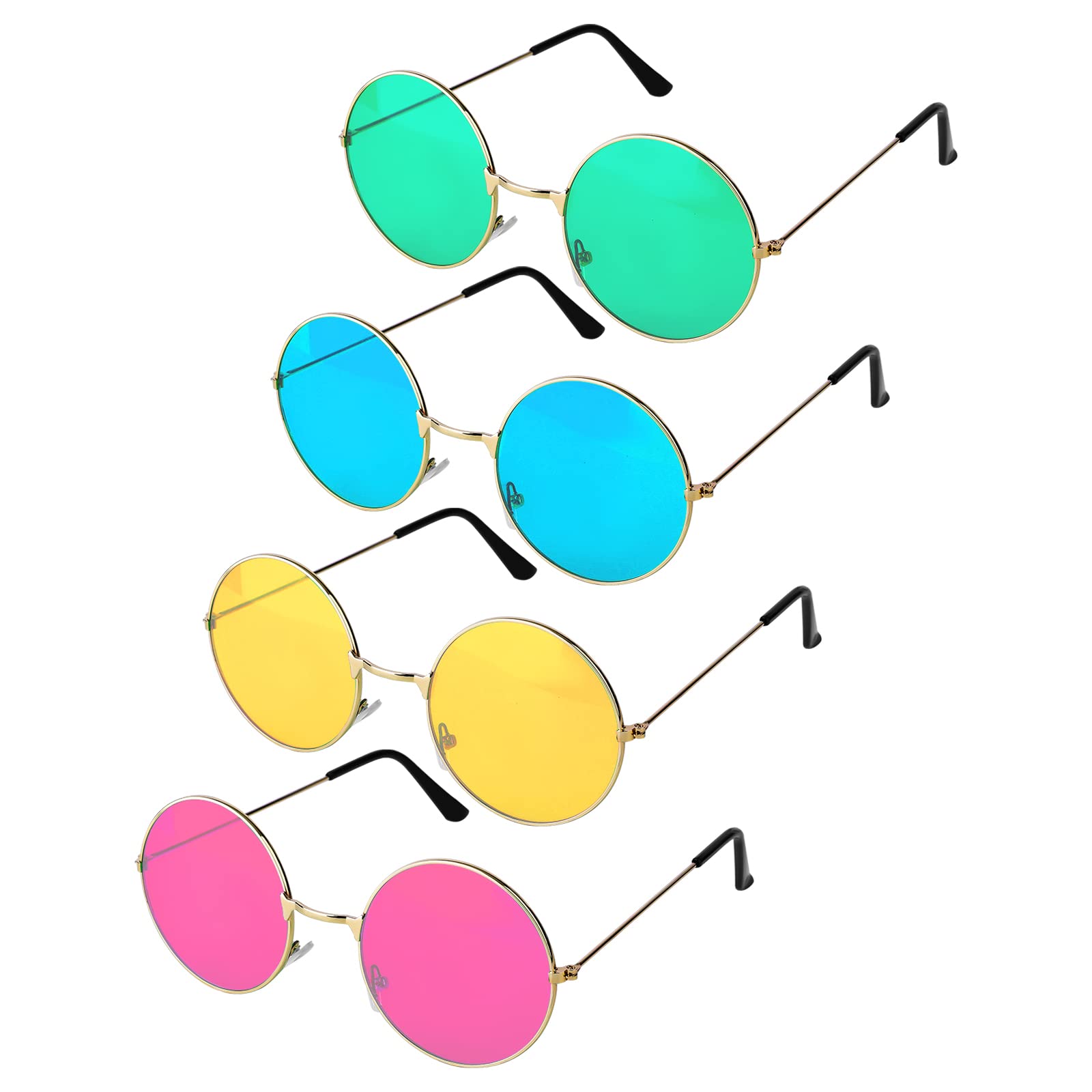 KINBOM 4 Pairs Retro Round Metal Frame Sunglasses - 60's Style Hippie Sunglasses for Women & Men, Multicolor Circle Sunglasses (Pink, Yellow, Green, Blue) - Perfect for Music Festivals, Beach Parties & Vintage Fashion Accessories
