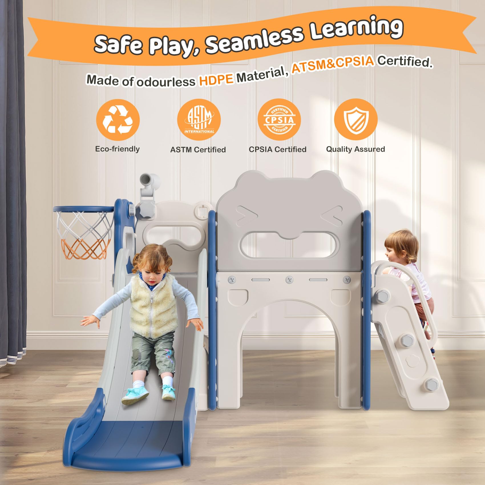 Babytronic 7-in-1 Toddler Slide Playset for Kids Ages 1-3 - Indoor & Outdoor Baby Slide with Basketball Hoop & Telescope - Blue & Gray Toddler Playground Equipment for Home, Backyard, Daycare & Preschool Play Areas
