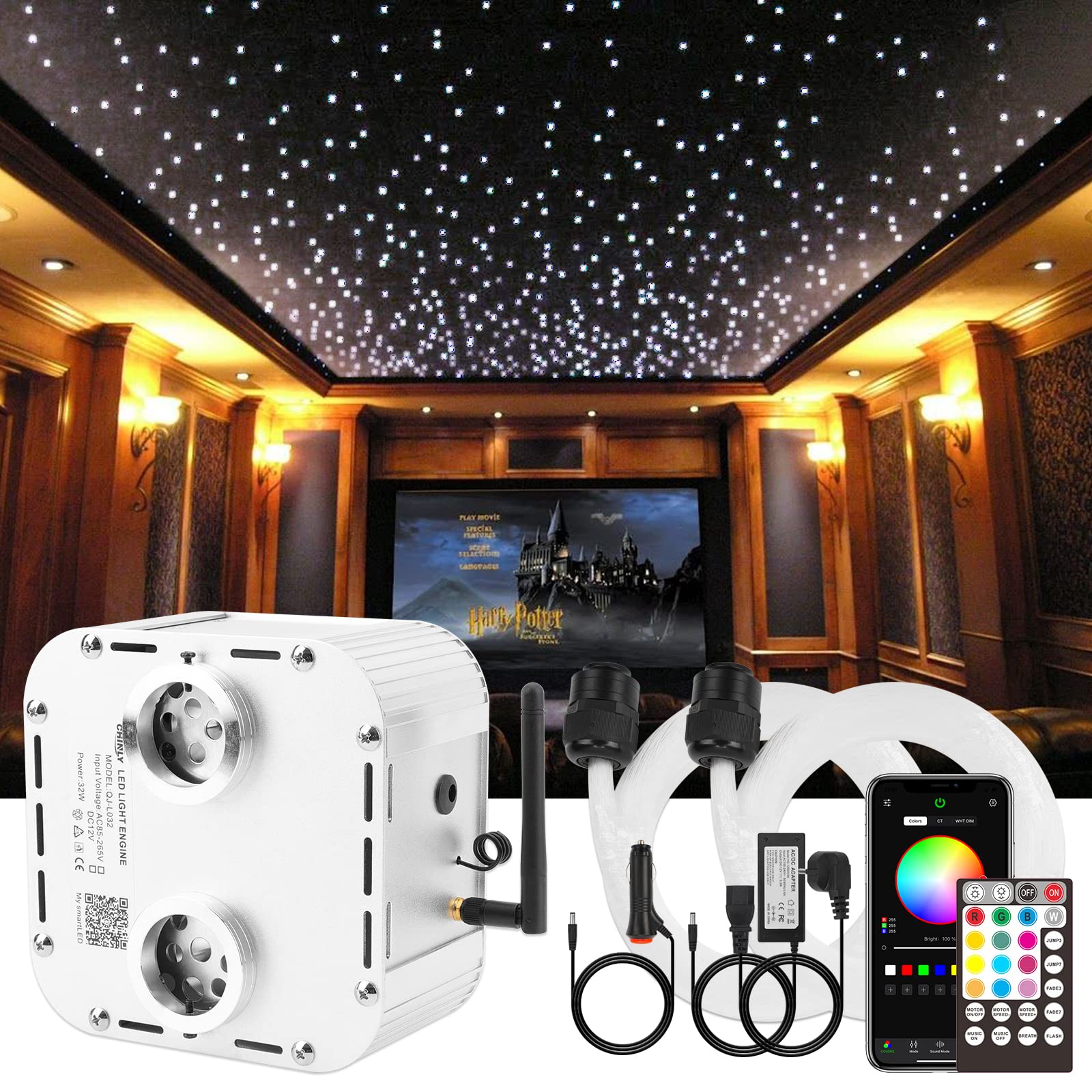 CHINLY 32W 1600pcs Twinkle Fiber Optic Star Ceiling Lights Kit - 13.1ft 0.03in RGBW Bluetooth APP Control with Remote for Home Theater, Bedroom, Pool & Car Headliner | Music Sync & DIY Starry Sky Effect